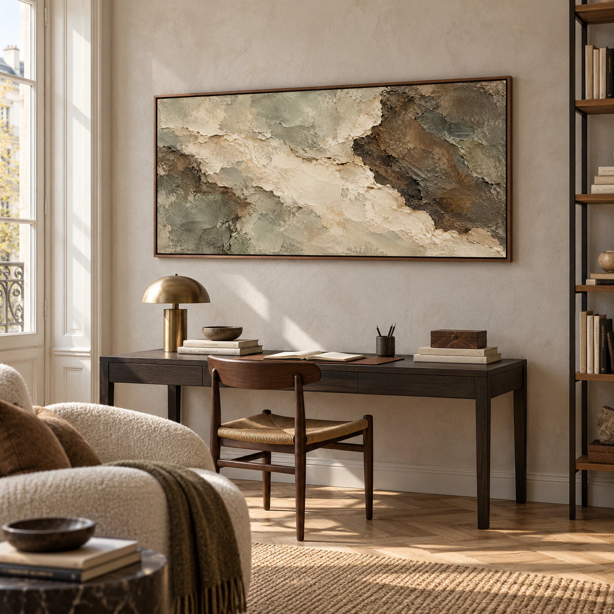 Right-oblique view of a textured abstract painting on a light warm-gray wall in an airy office with a dark desk, open shelving and a reading chair.