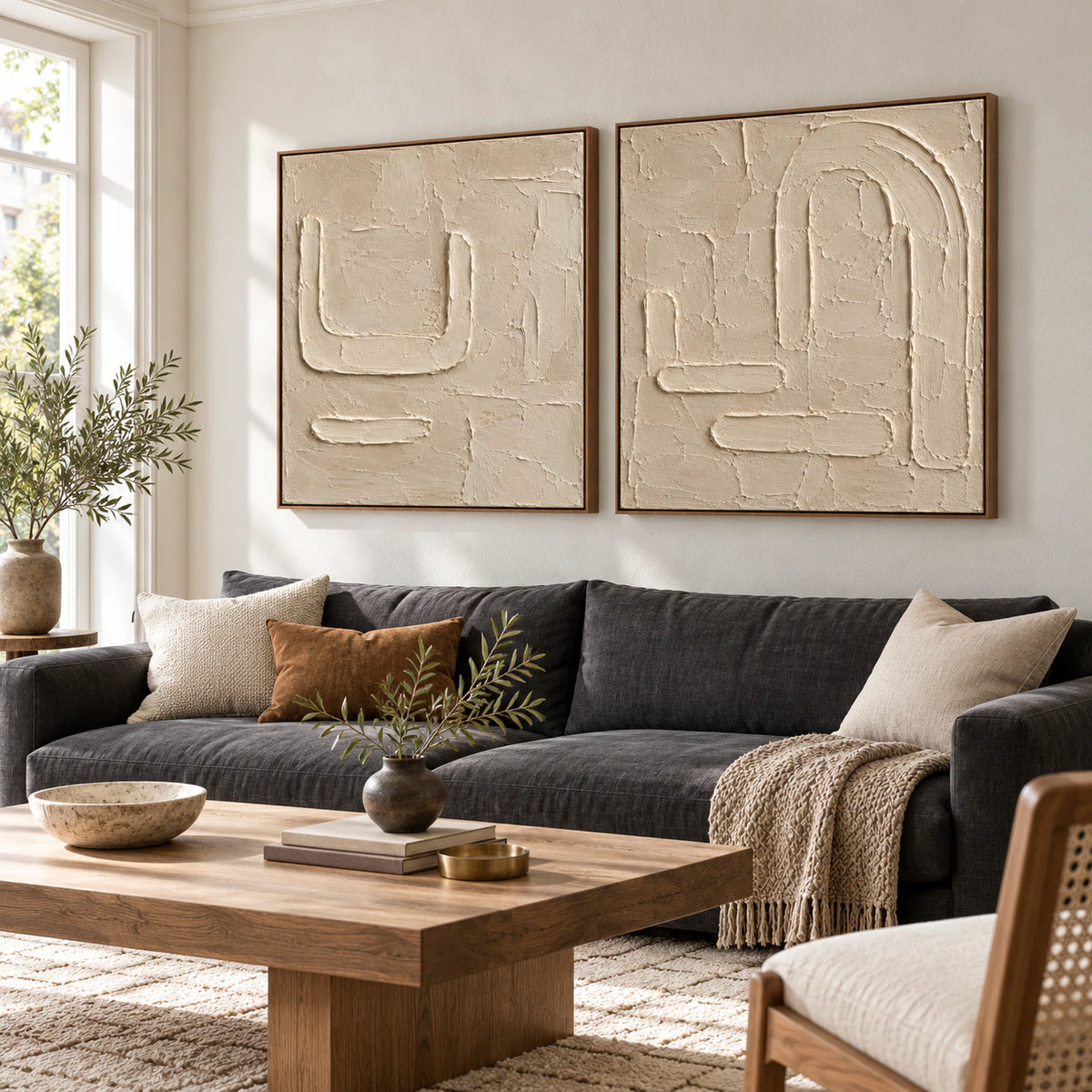 Calcite-Labyrinth set of two above a sofa in a bright contemporary living room.