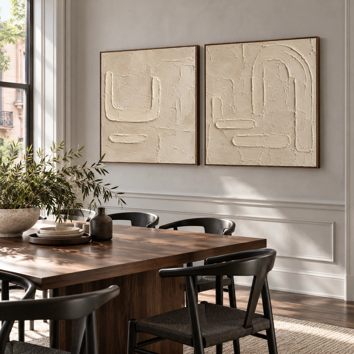 Calcite-Labyrinth diptych in a refined daylight dining room.