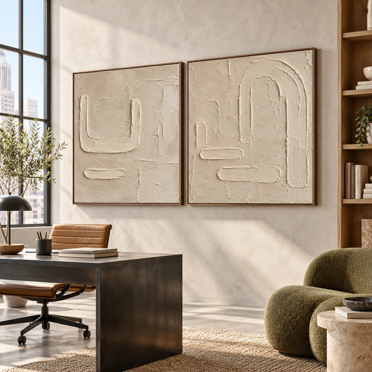 Calcite-Labyrinth diptych in an airy home office reading space.