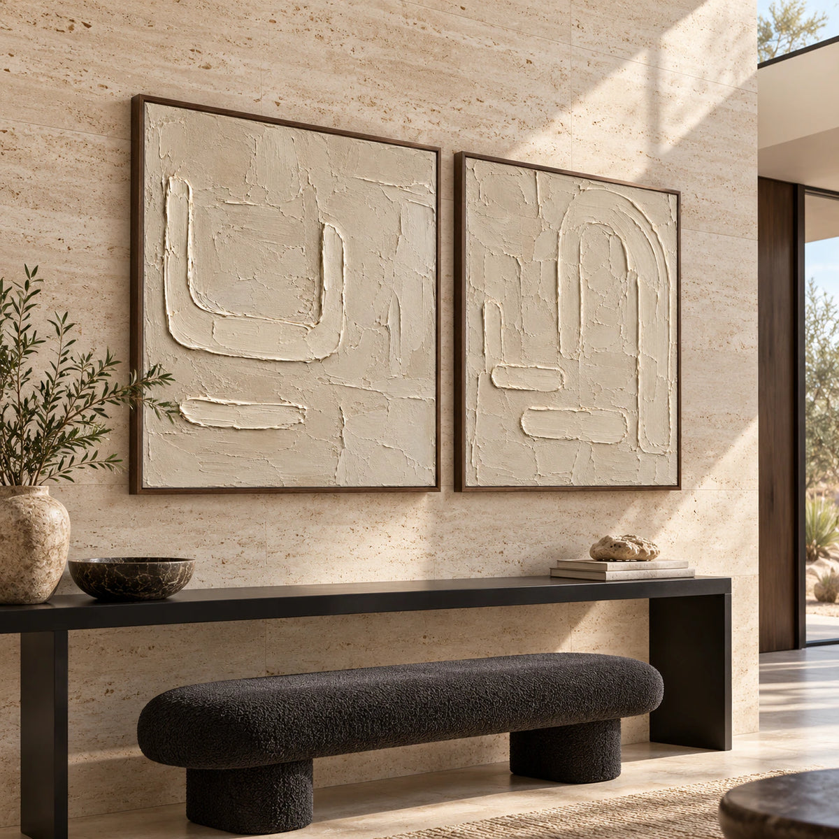 Calcite-Labyrinth square diptych at gallery scale in a bright foyer.