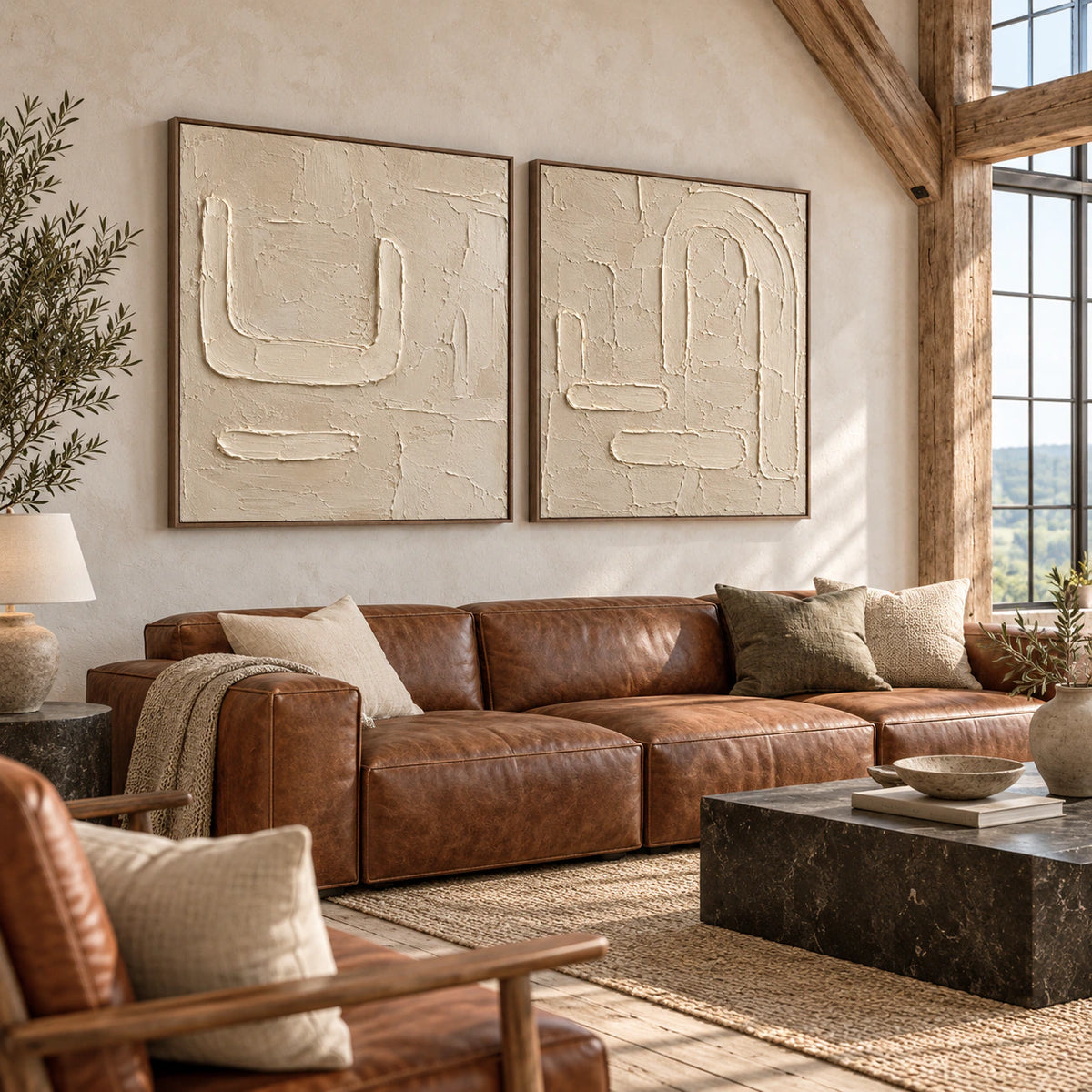 Calcite-Labyrinth set of two in an expansive loft hospitality interior.