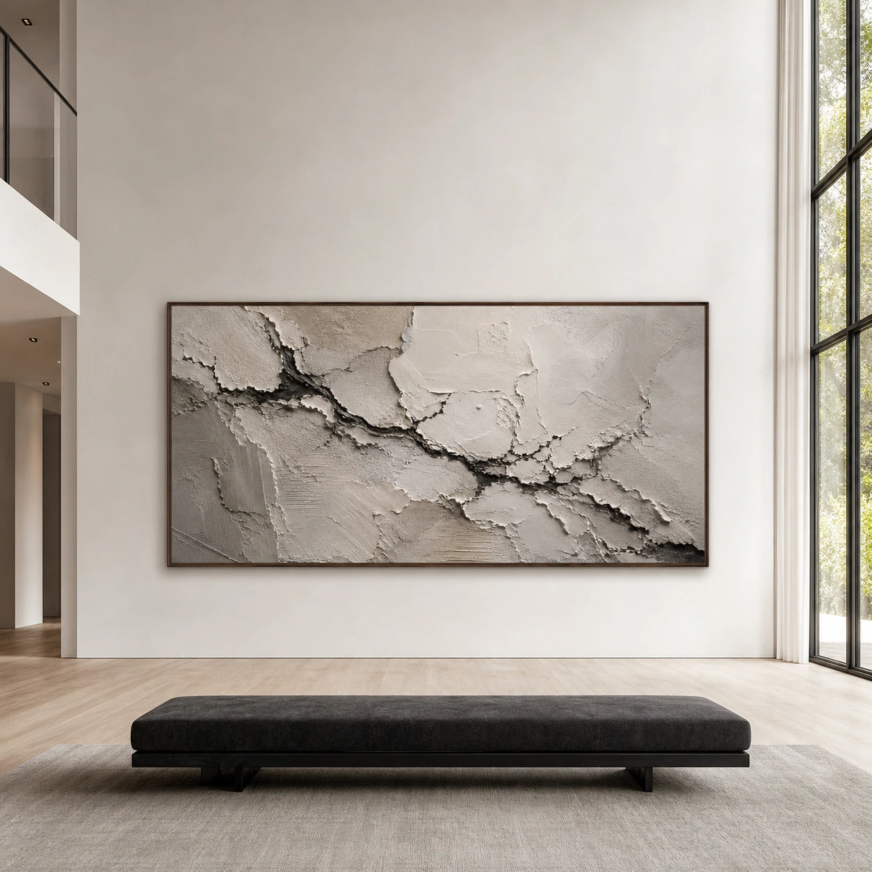 Monumental Calcite-Rift painting displayed straight-on in a bright, spacious architectural living hall.