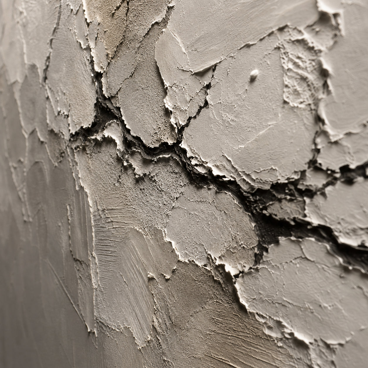 Calcite-Rift oil painting brushwork and impasto detail photographed from an oblique side angle