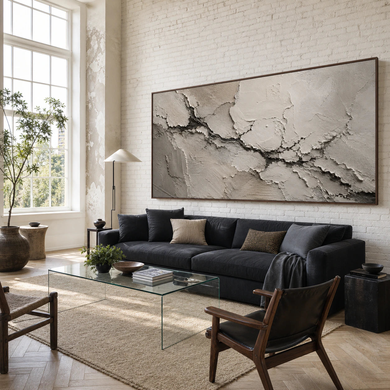 Large Calcite-Rift painting above a charcoal sofa in a bright contemporary living room.