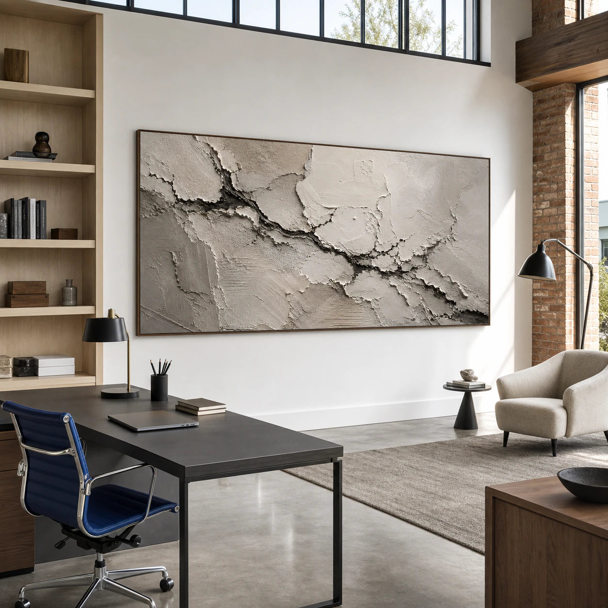 Calcite-Rift painting presented at large scale in an airy home office with restrained modern furnishings.