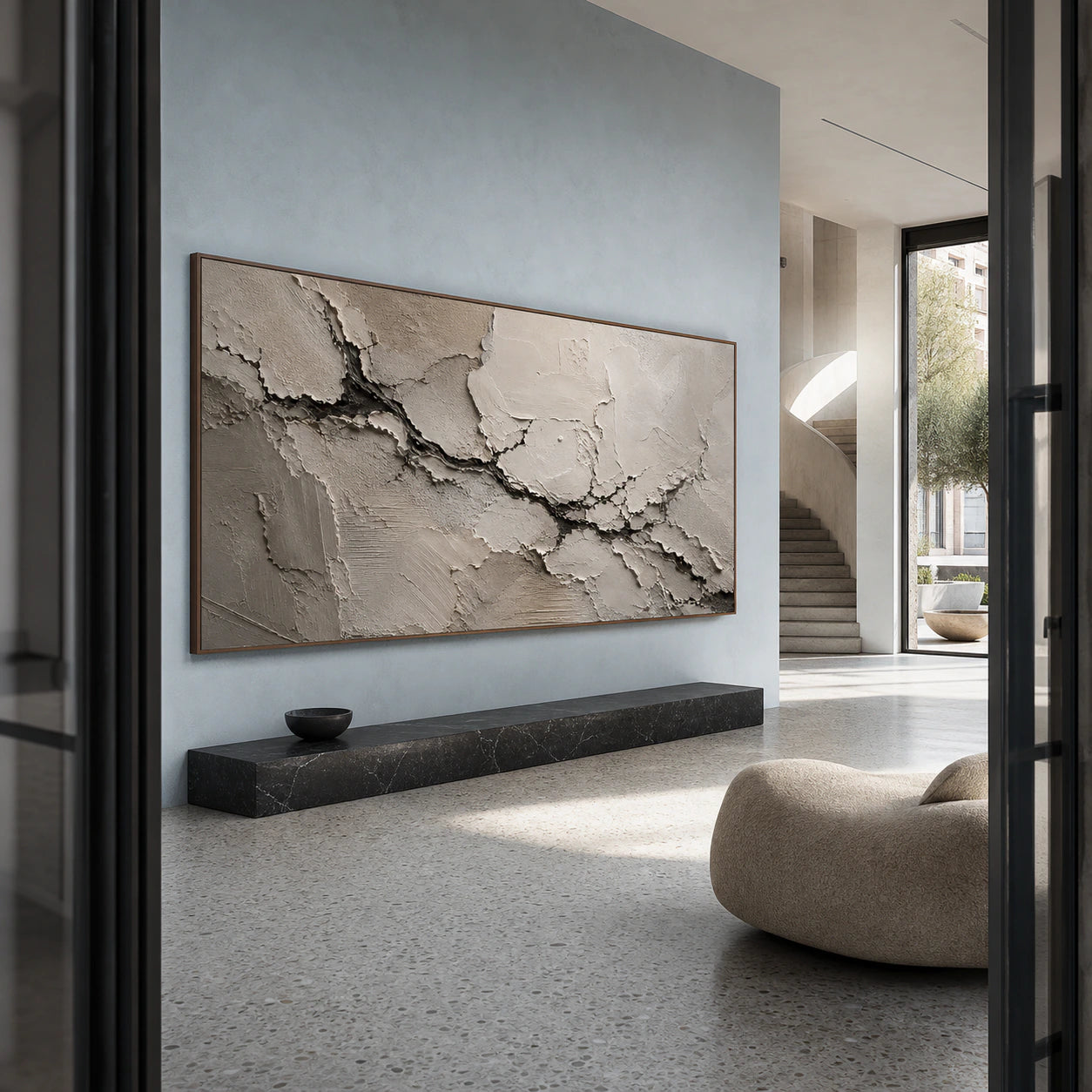 Monumental Calcite-Rift painting commanding a tall gallery-scale foyer with courtyard daylight.