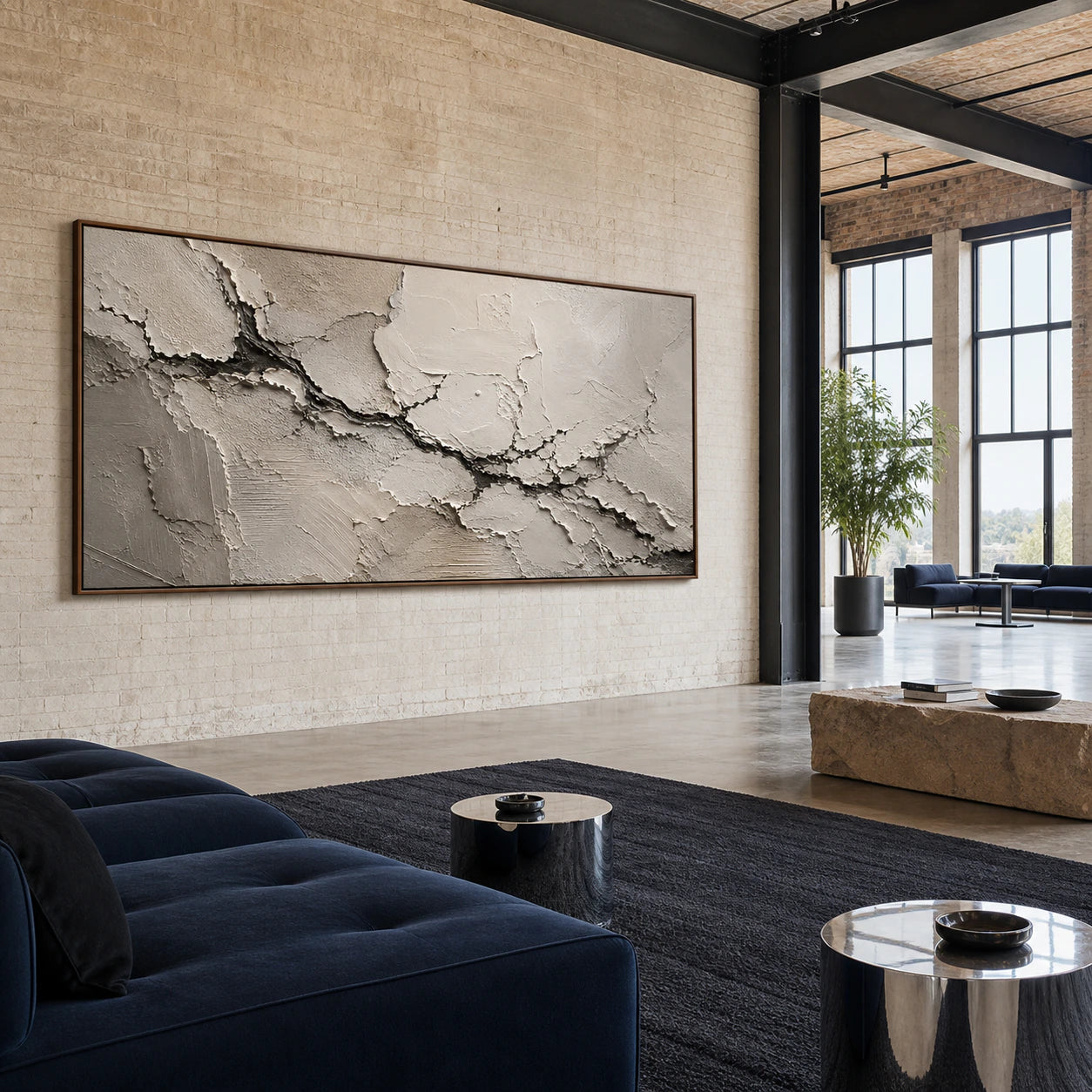 Large Calcite-Rift painting anchoring an expansive loft lounge with steel architecture and indigo seating.