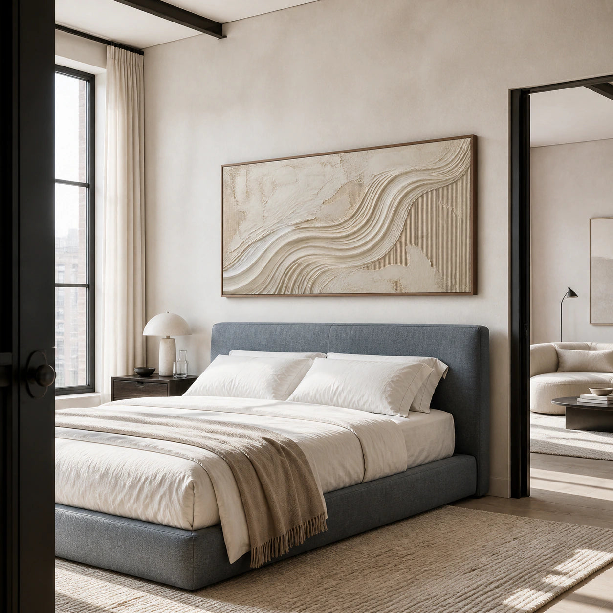 Calcium-Current bringing quiet texture to a calm, light-filled bedroom.