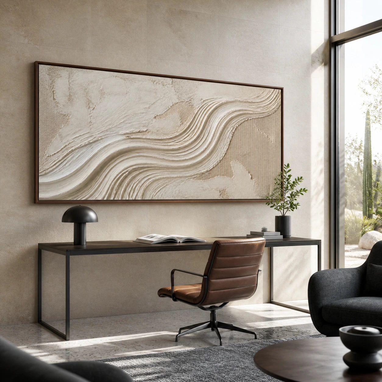 Calcium-Current in an airy home office reading space.
