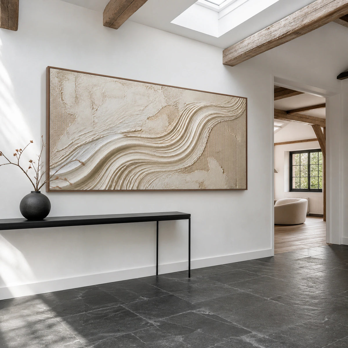 Calcium-Current presented at gallery scale in a bright foyer.