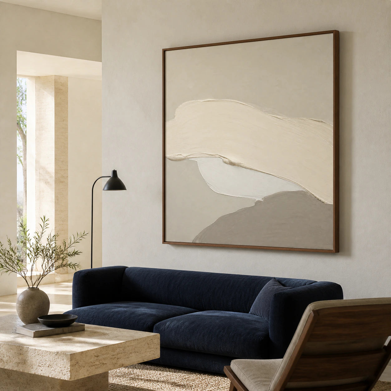 Calm-Relief as a large focal artwork in a bright contemporary living room.