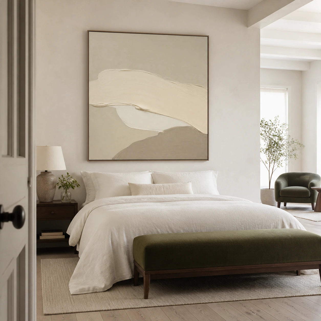 Calm-Relief as a quiet large-scale focal point in a serene bedroom.