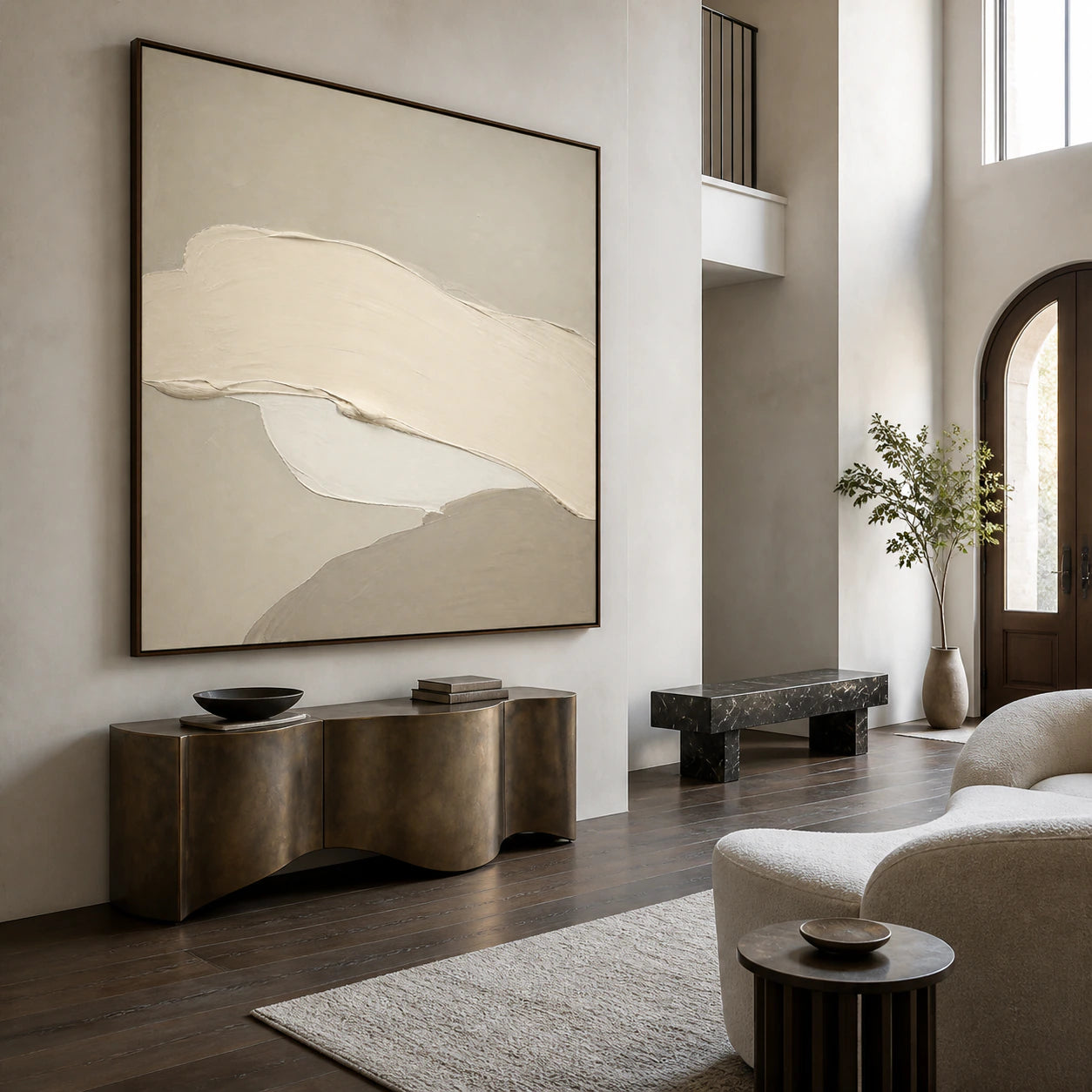 Calm-Relief installed at gallery scale in a bright sculptural foyer.