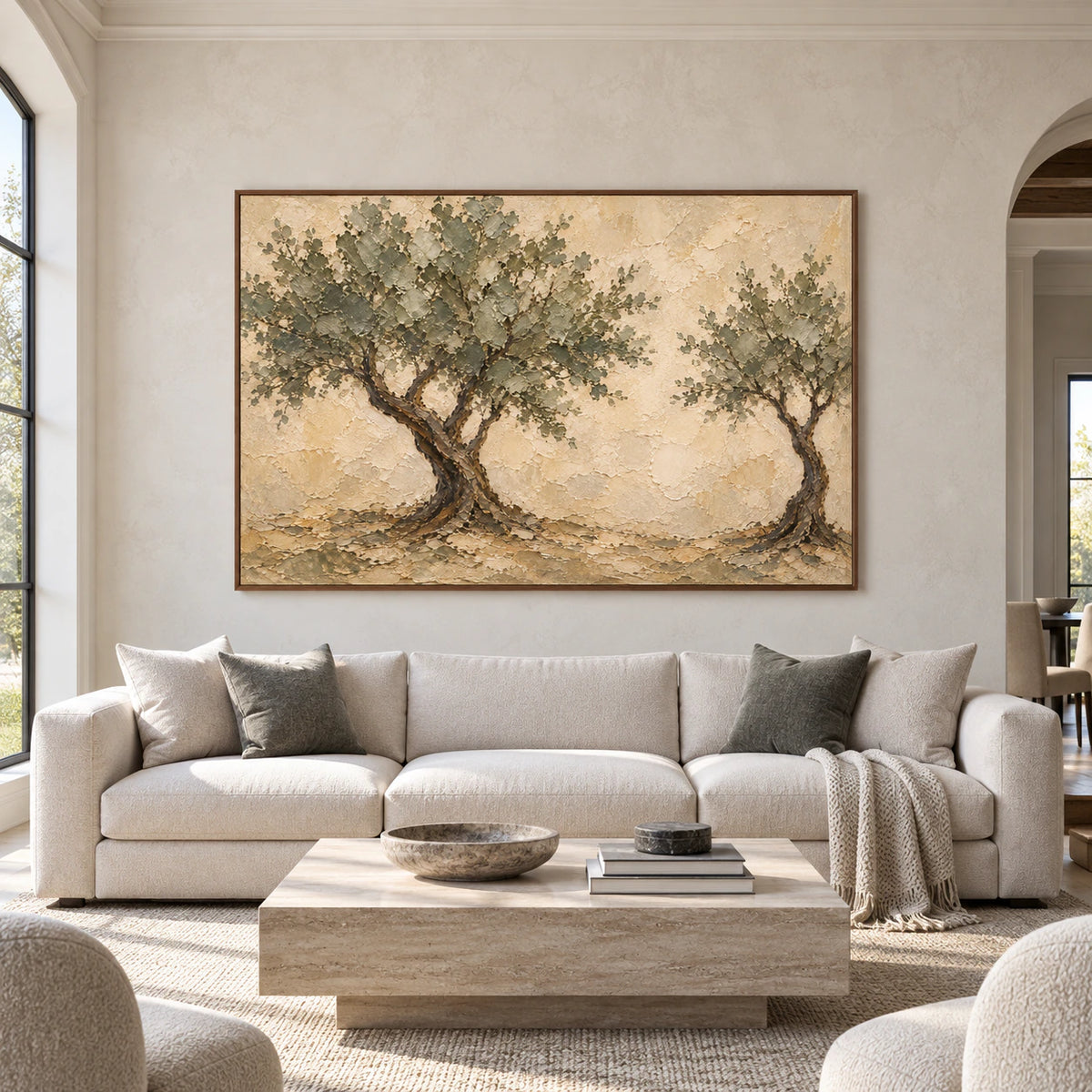 Large horizontal Canopy-Interval painting centered on a pale textured wall in a bright, spacious living room, viewed straight-on.