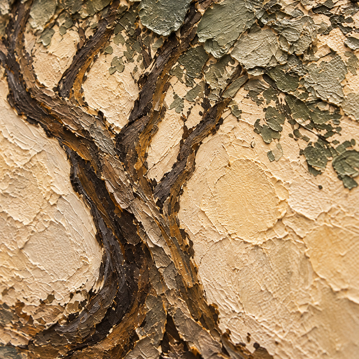 Oblique close-up of Canopy-Interval oil painting, with grazing light revealing raised paint ridges, brushwork and subtle color transitions.