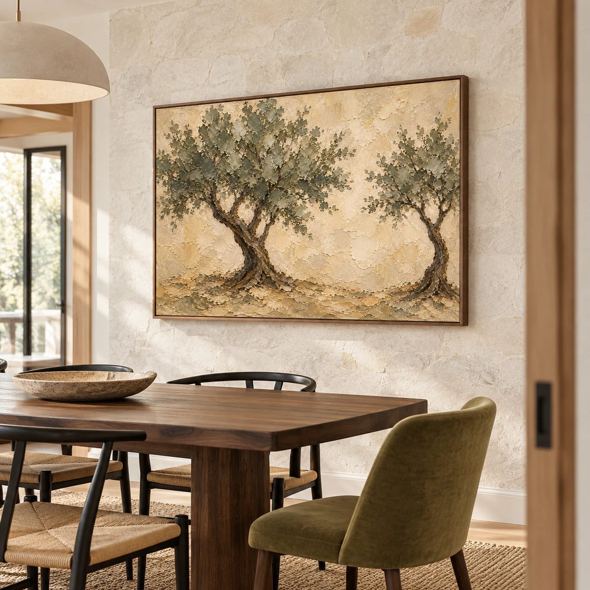 Canopy-Interval painting on a light stone wall beside a dark walnut dining table and black chairs, viewed from the right in natural daylight.