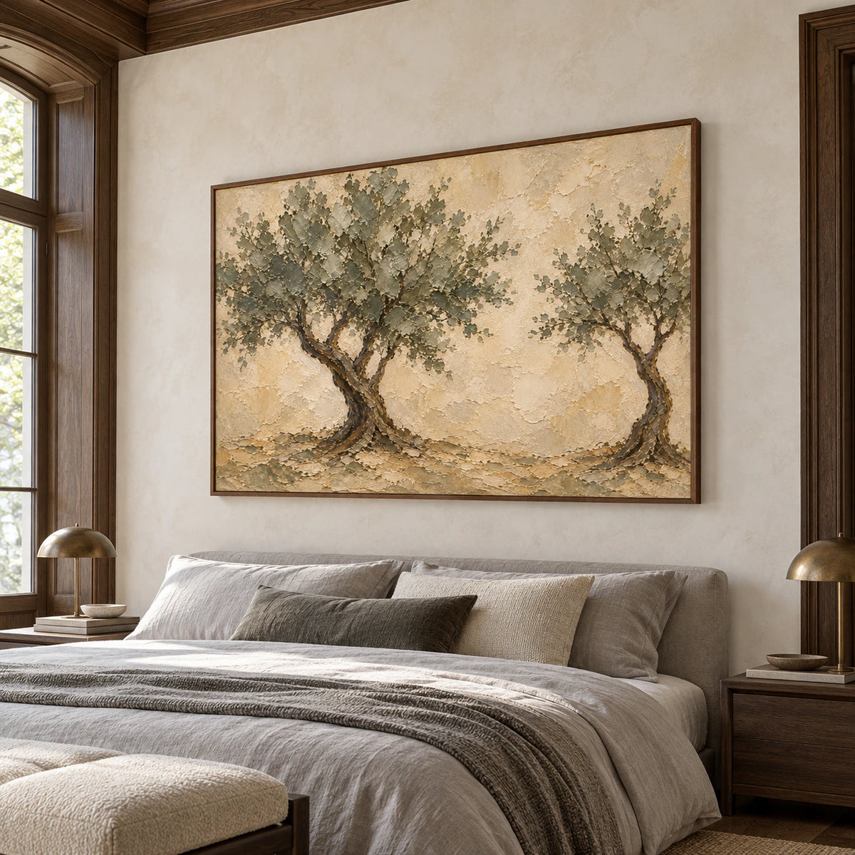 Canopy-Interval painting above a low bed with cool gray linen against an off-white textured wall, viewed from a low left angle in soft daylight.