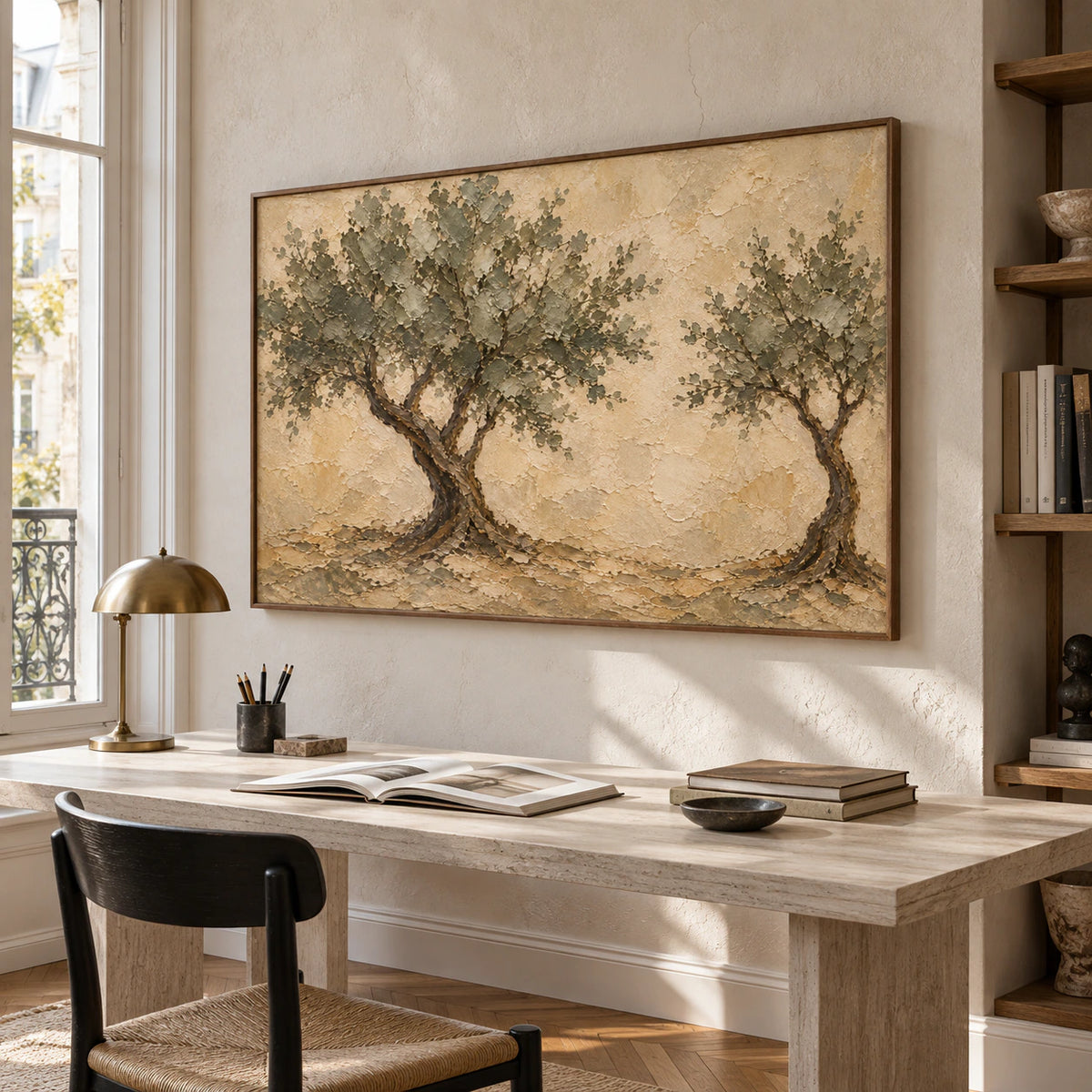 Canopy-Interval painting above a pale desk in a bright home office with a black reading chair and open shelving, viewed from the right.