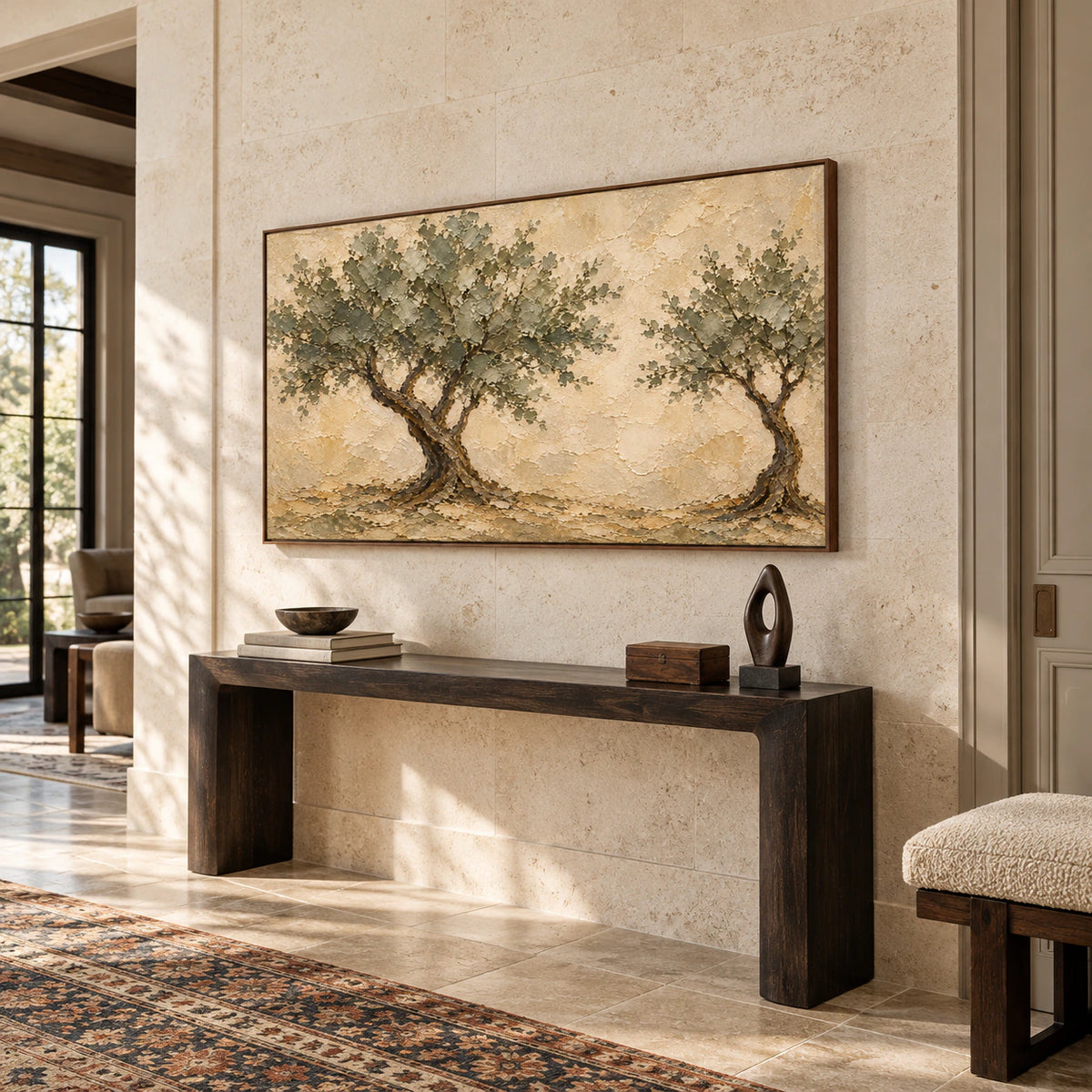 Canopy-Interval painting on a tall pale limestone wall above a narrow dark console in a stone-floored foyer, viewed from a slightly low left angle.