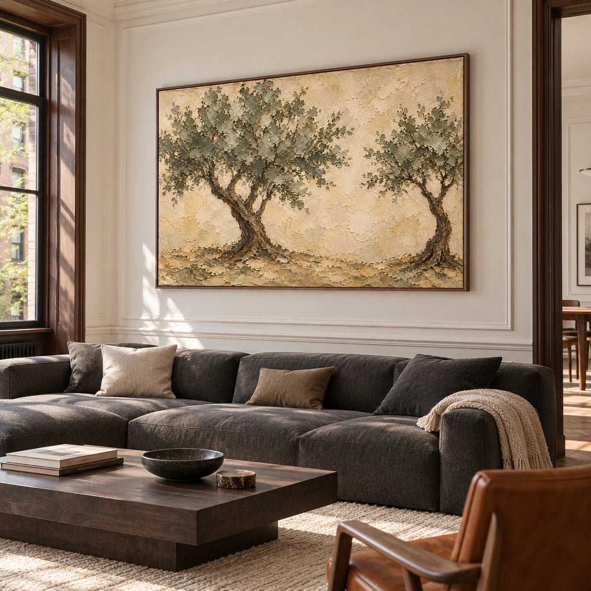 Large horizontal Canopy-Interval painting displayed in a traditional living room with wood trim and a charcoal sofa.