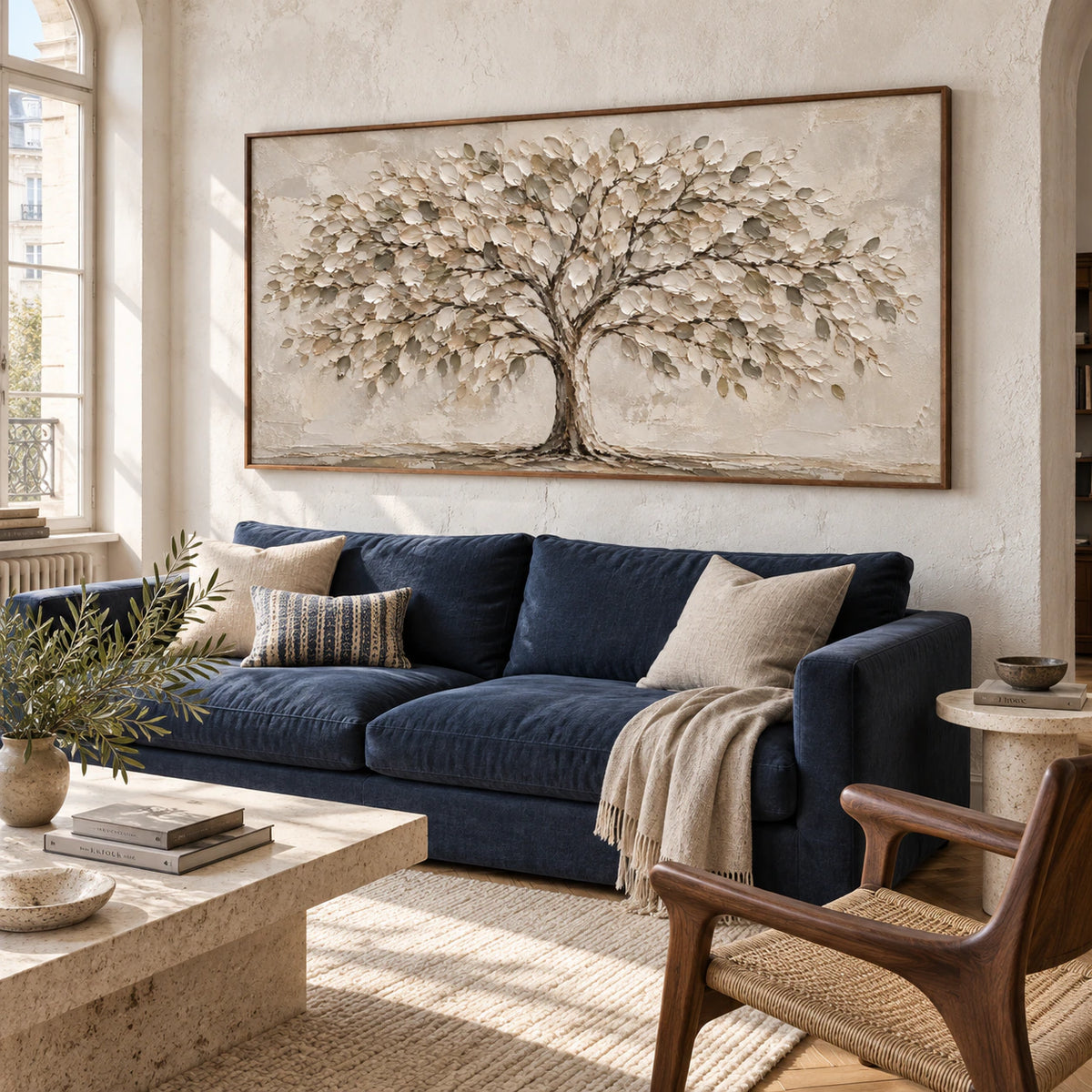 Canopy-Reverie above a restrained sofa in a bright daylight living room.