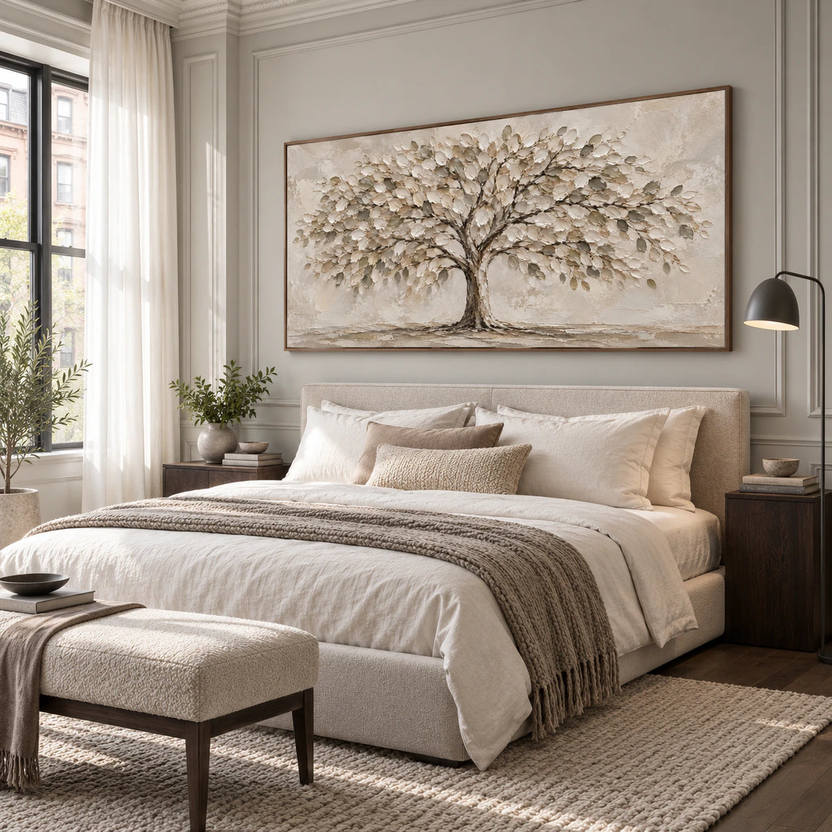 Canopy-Reverie above a low bed in a quiet, softly lit bedroom.