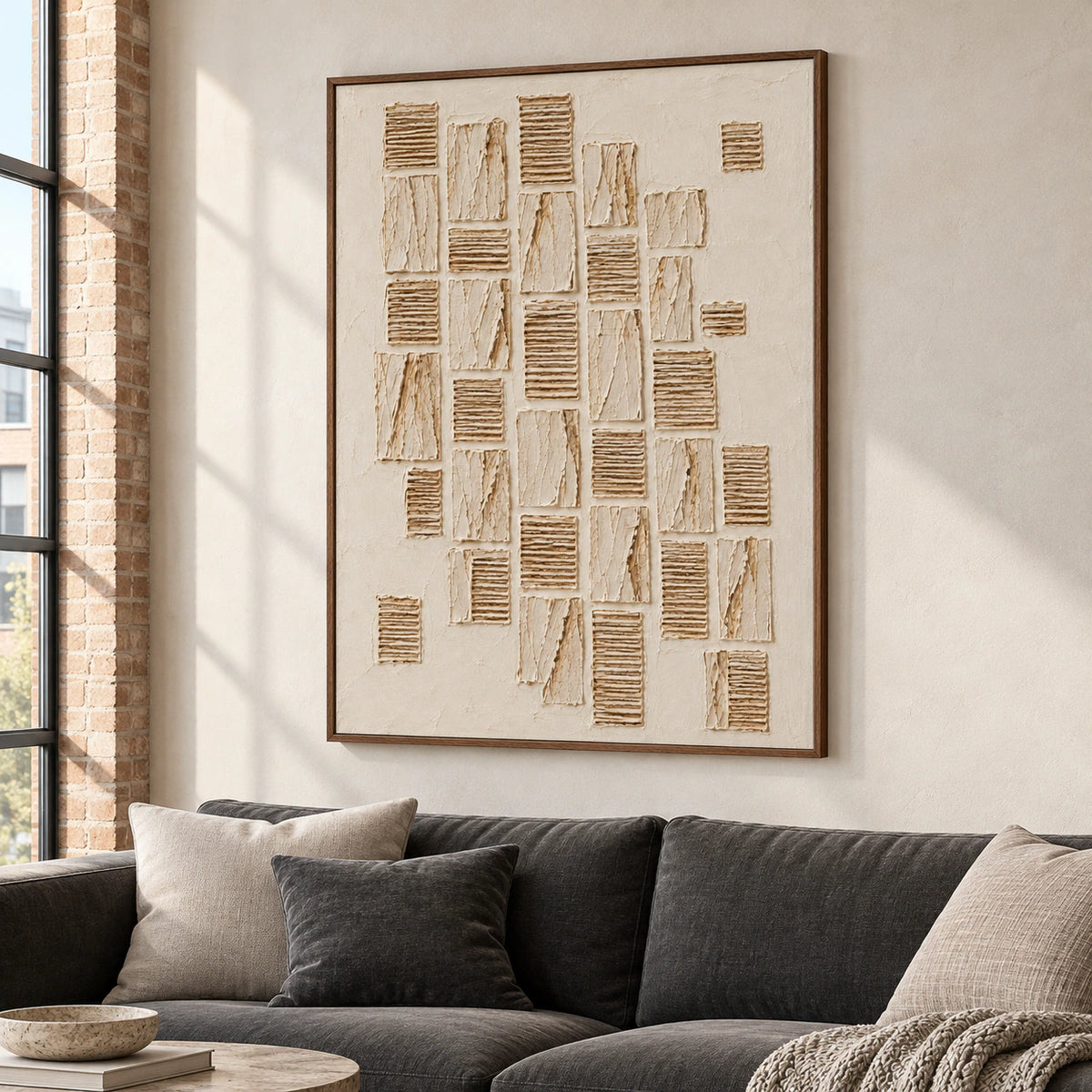 Large vertical relief artwork above a low charcoal sofa in a bright, open living room with daylight from tall windows.