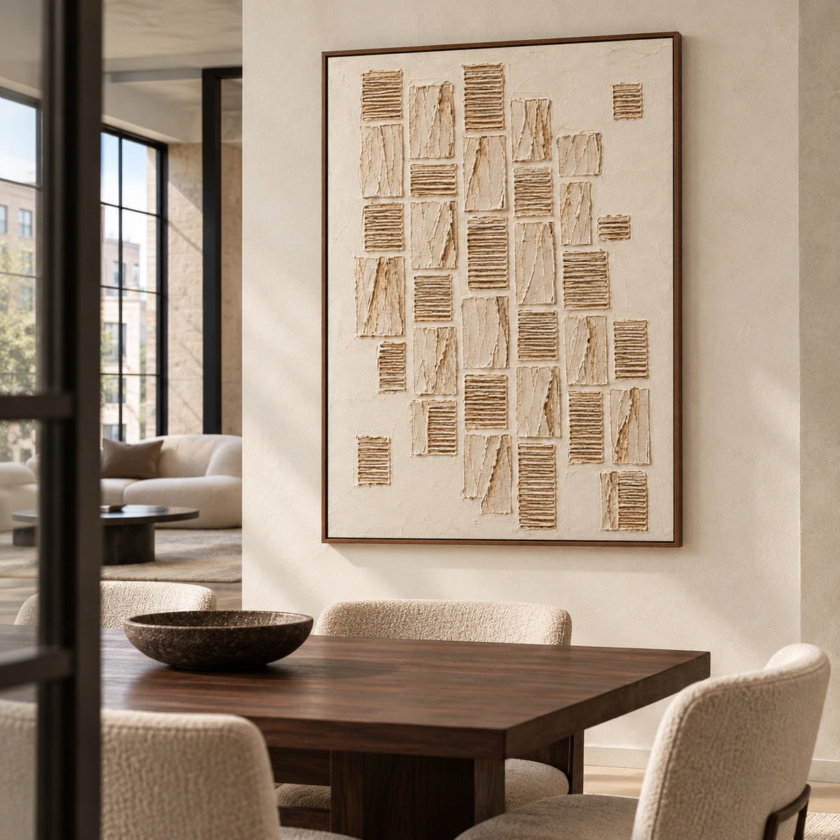Ivory and sand abstract relief artwork as the focal point of a refined dining room with a dark wood table and sculptural chairs.