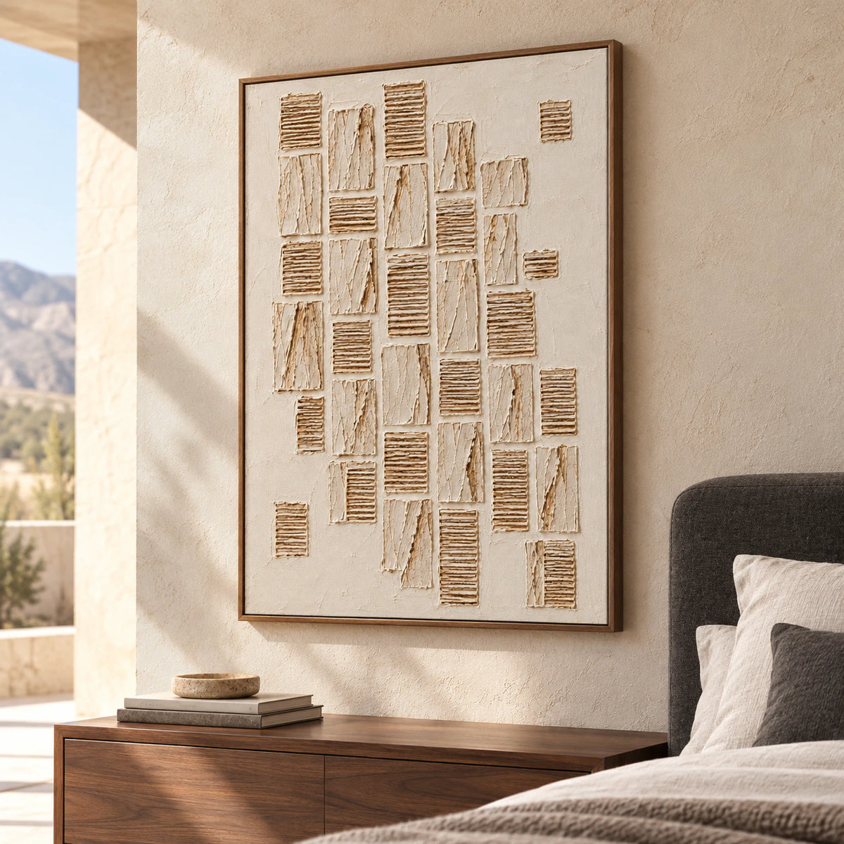 Vertical carved relief artwork above a simple walnut bedside console in a quiet, sunlit bedroom.