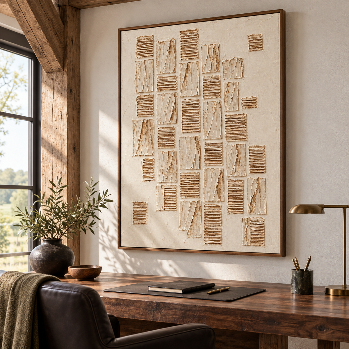 Large textured artwork above a clean-lined desk in an airy home office with pale walls and soft natural light.