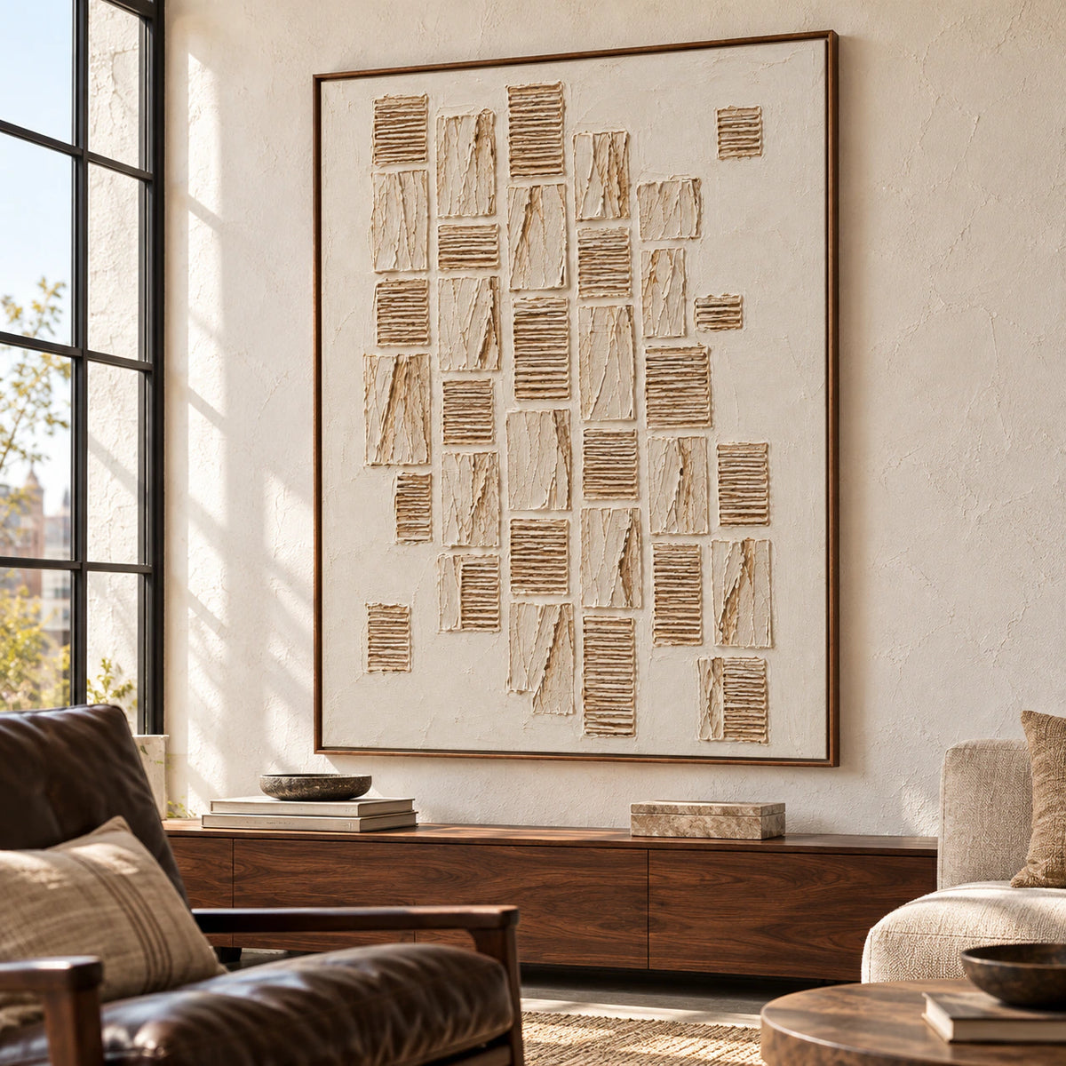 Large ivory and sand relief artwork anchoring an expansive loft interior with steel windows, generous daylight and understated furniture.