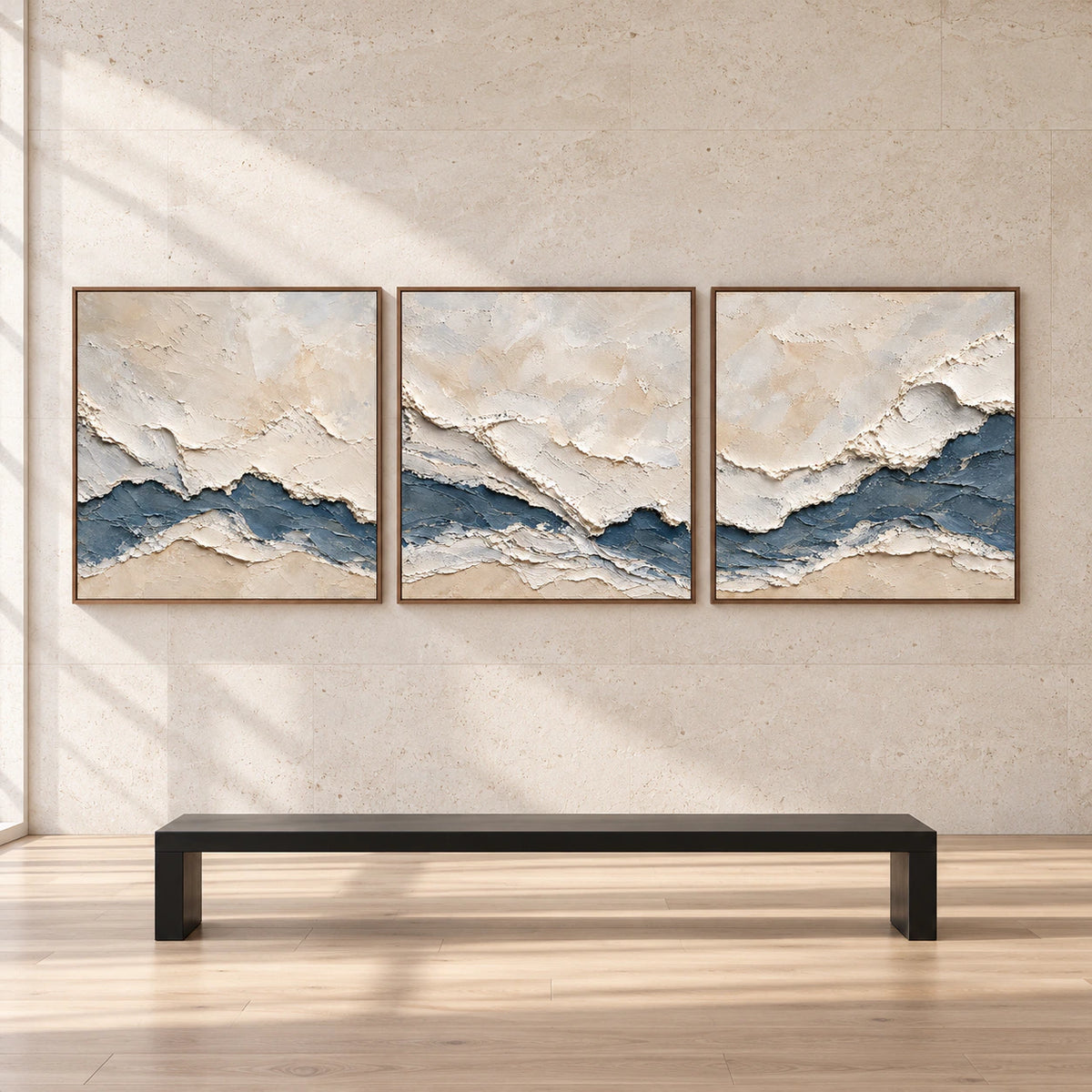 Large straight-on gallery view of the Cerulean-Sediment square triptych in slim walnut frames.