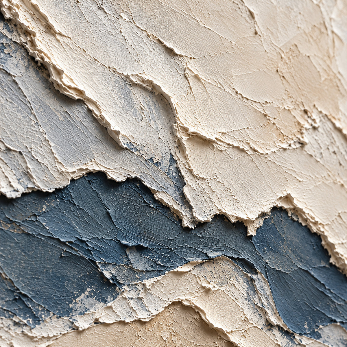 Cerulean-Sediment oil painting brushwork and impasto detail photographed from an oblique side angle