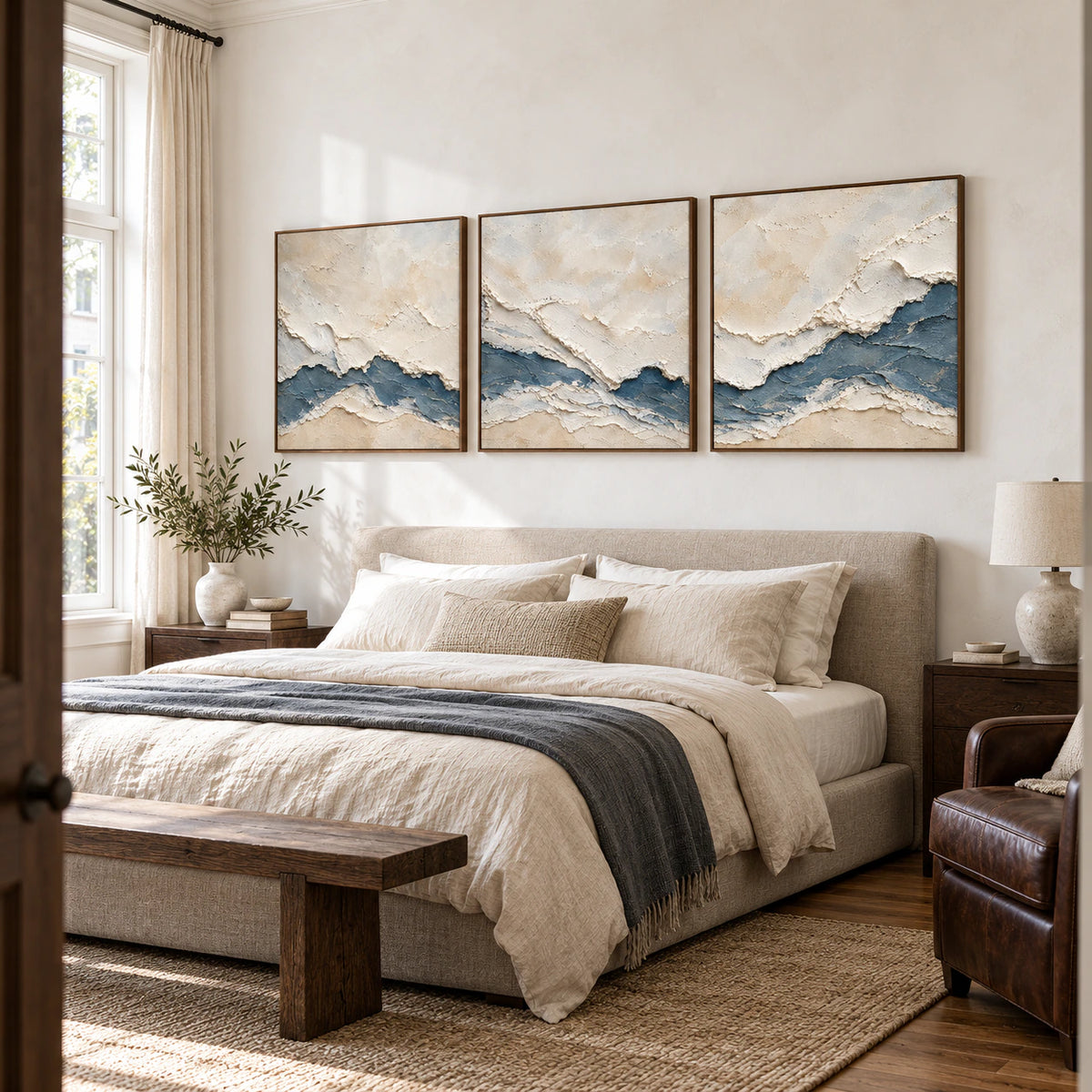 Cerulean-Sediment triptych in a quiet, softly lit bedroom.