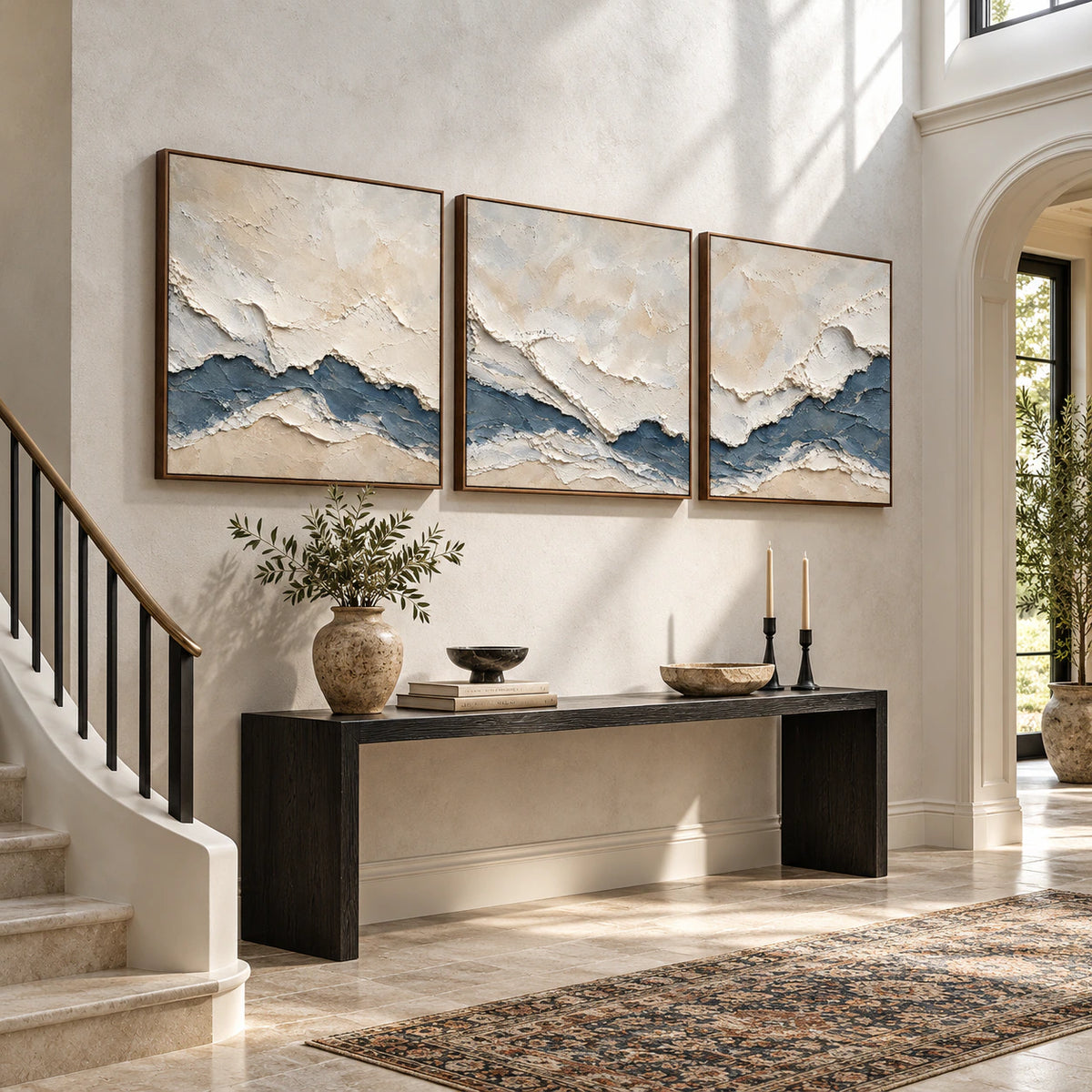 Cerulean-Sediment triptych at gallery scale in a bright foyer.