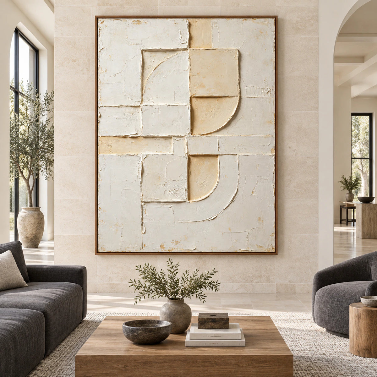 Large vertical Chalk-Arc painting displayed straight-on in a bright, spacious architectural living room.