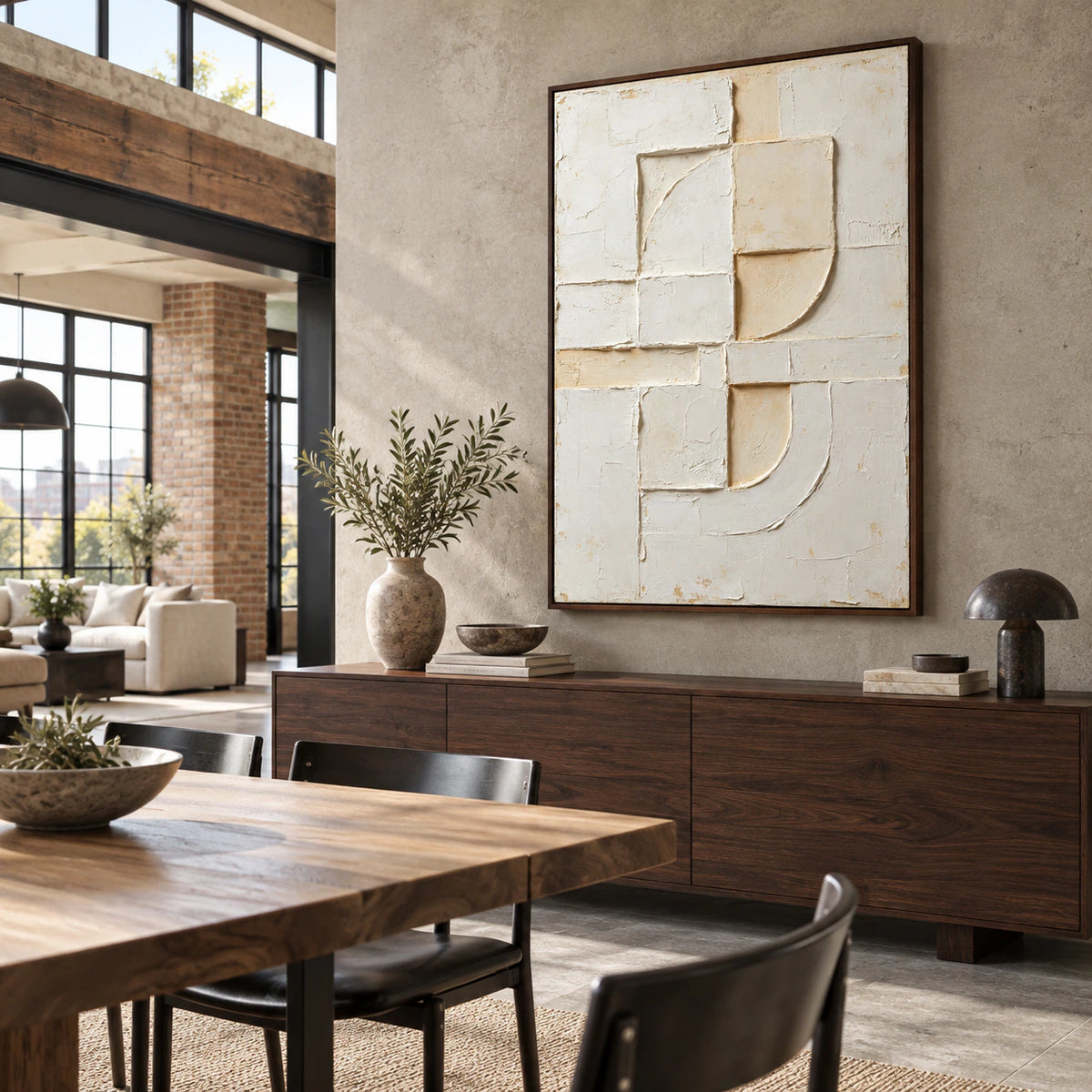 Chalk-Arc as the focal artwork in a refined, sunlit dining room.