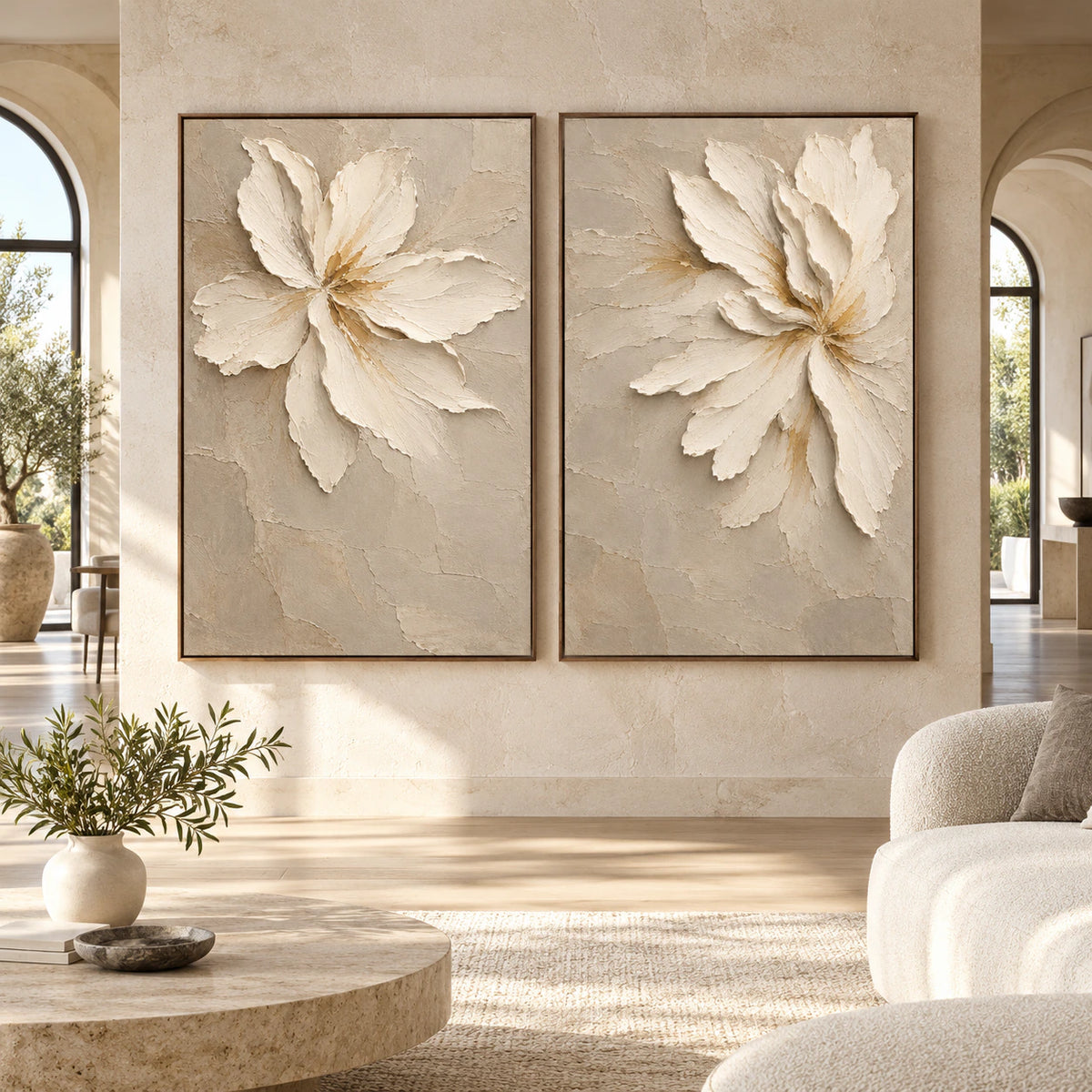 Large straight-on gallery view of the Chalk-Blooms diptych in matching slim walnut frames.
