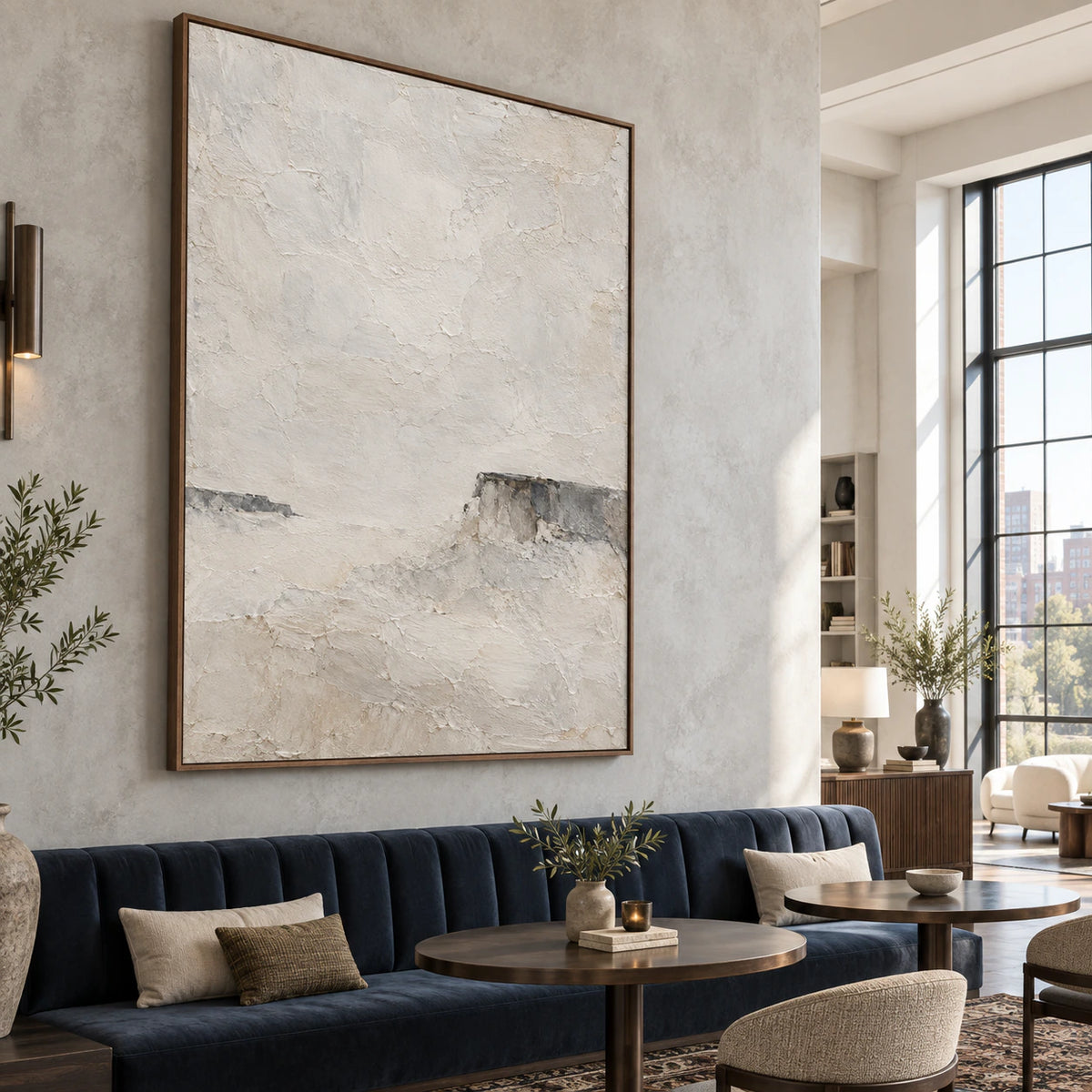 Chalk-Butte as a large focal artwork in an open loft hospitality interior.