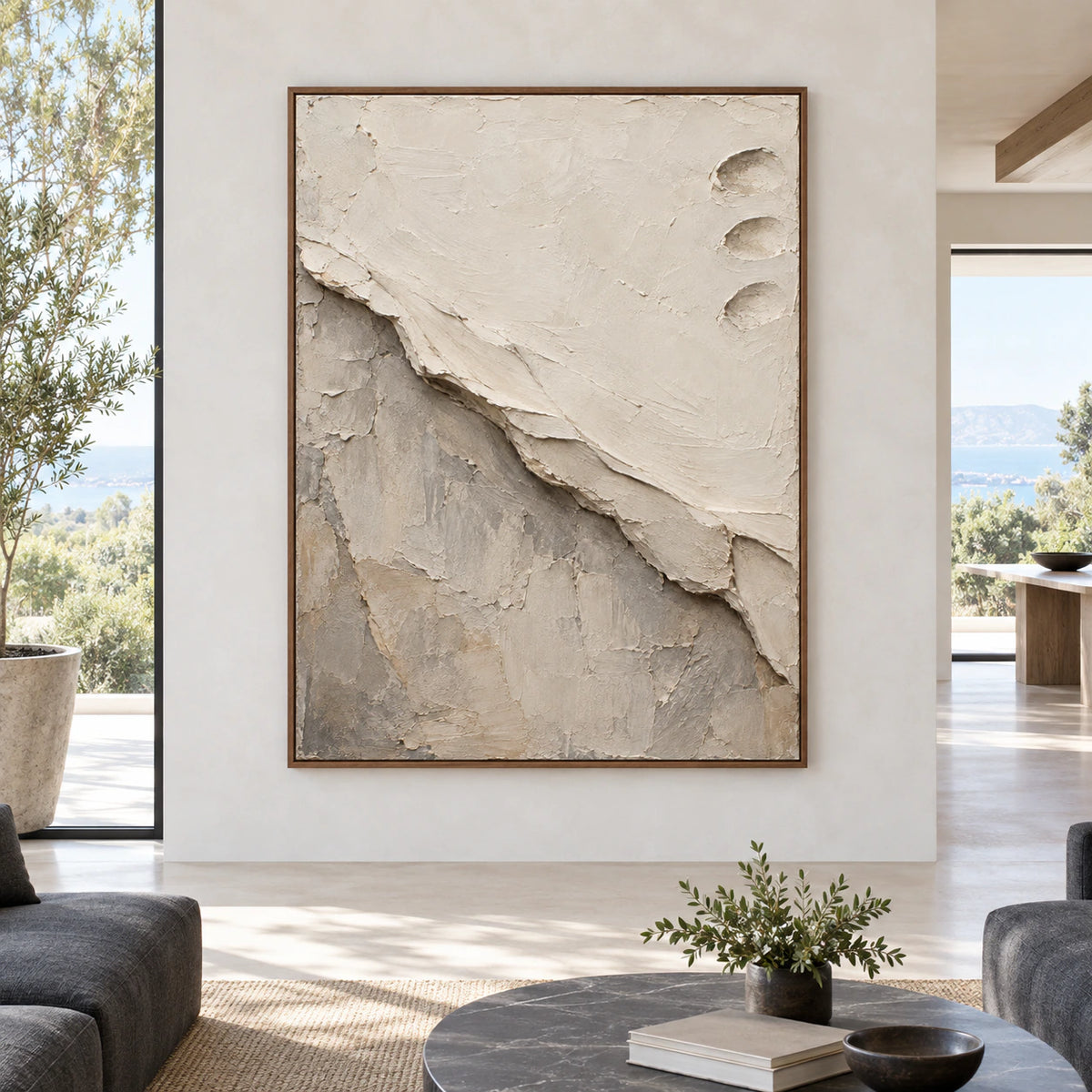 Large vertical ivory and stone-grey textured abstract painting shown straight-on in a spacious contemporary interior.