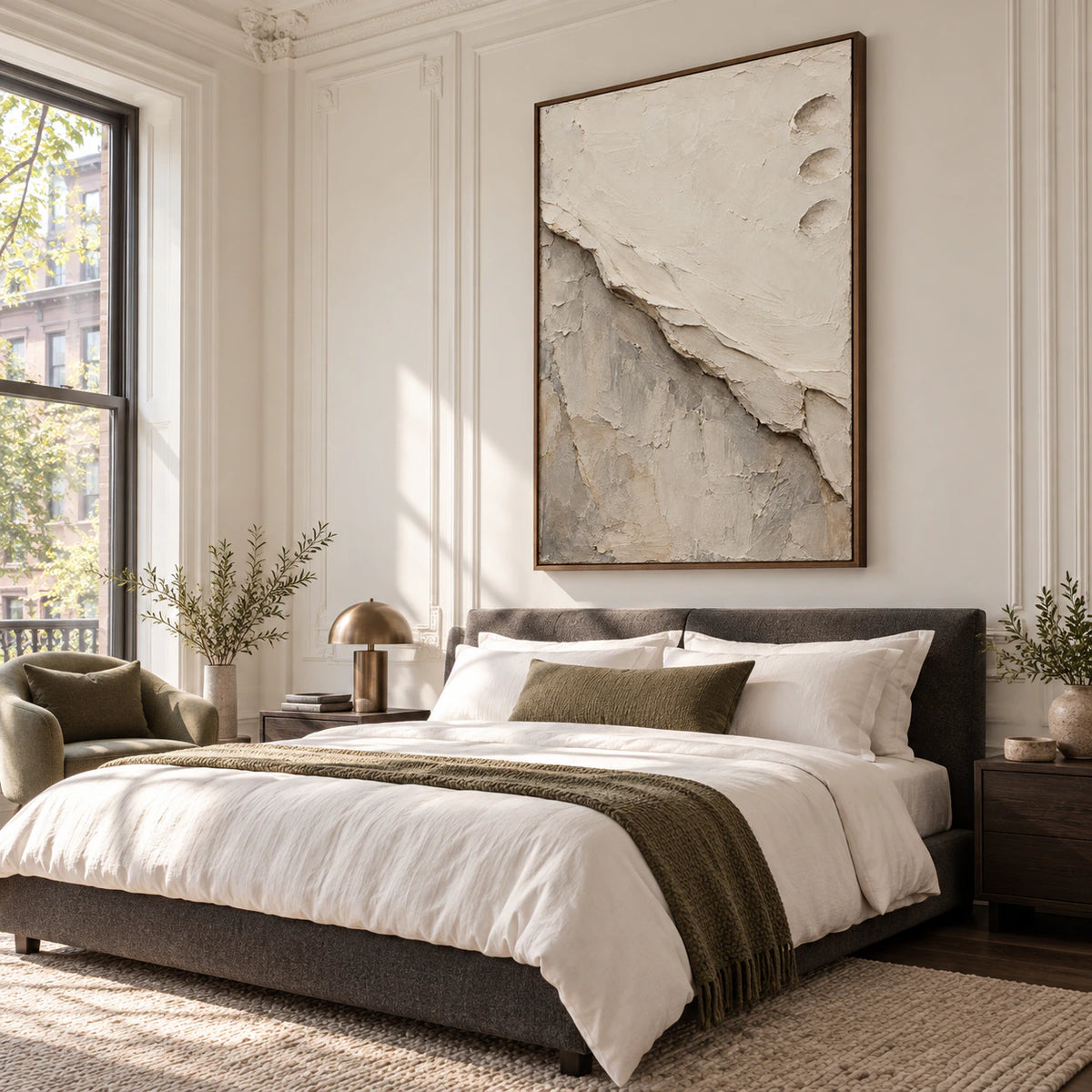 Textured vertical abstract painting above a bed in a quiet neutral bedroom.