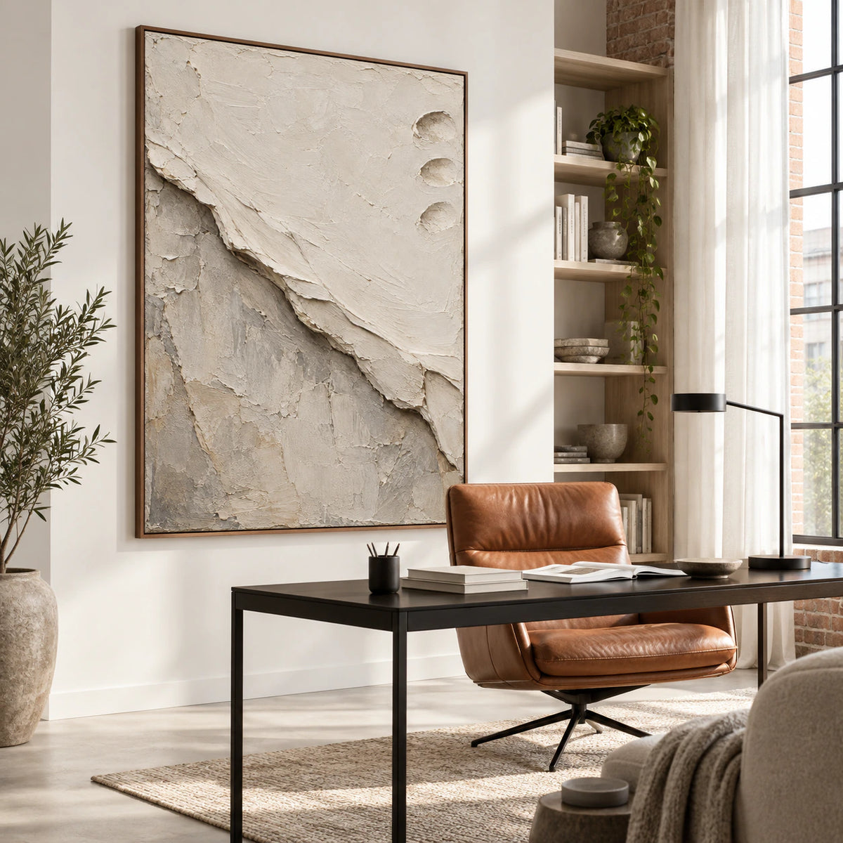 Large vertical textured abstract painting in an airy home office reading space.