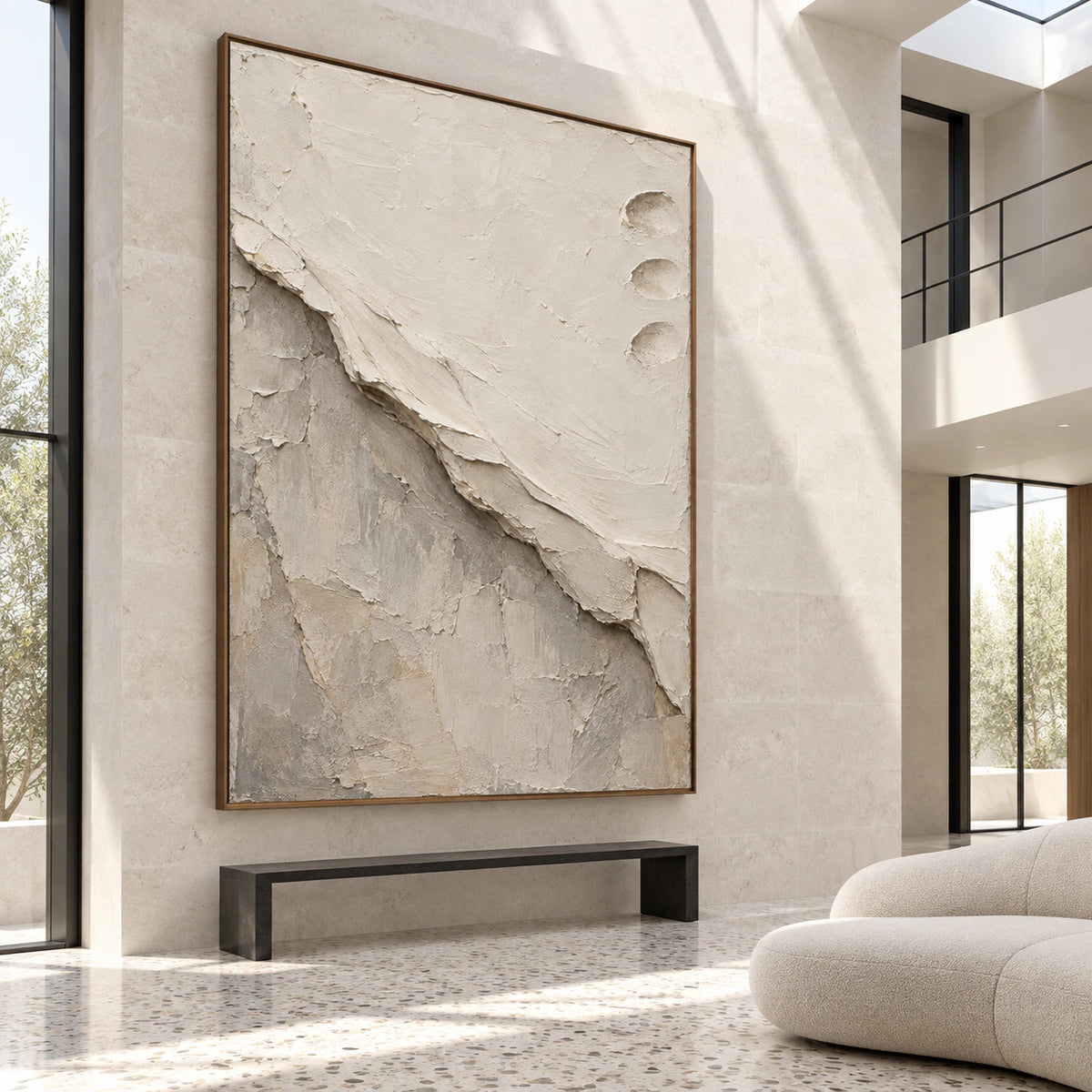 Gallery-scale ivory and stone-grey abstract painting in a bright architectural foyer.