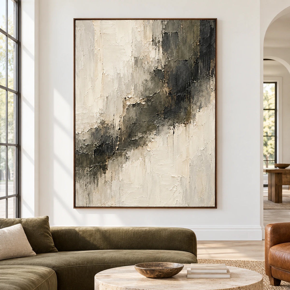 Large vertical ivory and charcoal abstract painting viewed straight on in a spacious, refined interior with restrained furnishings and bright daylight.