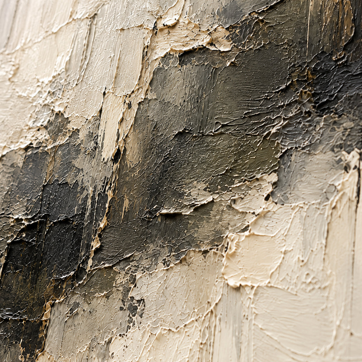 Oblique close-up of the oil painting's ivory, gray and charcoal surface, with grazing light revealing raised strokes, rough ridges and shallow shadows.
