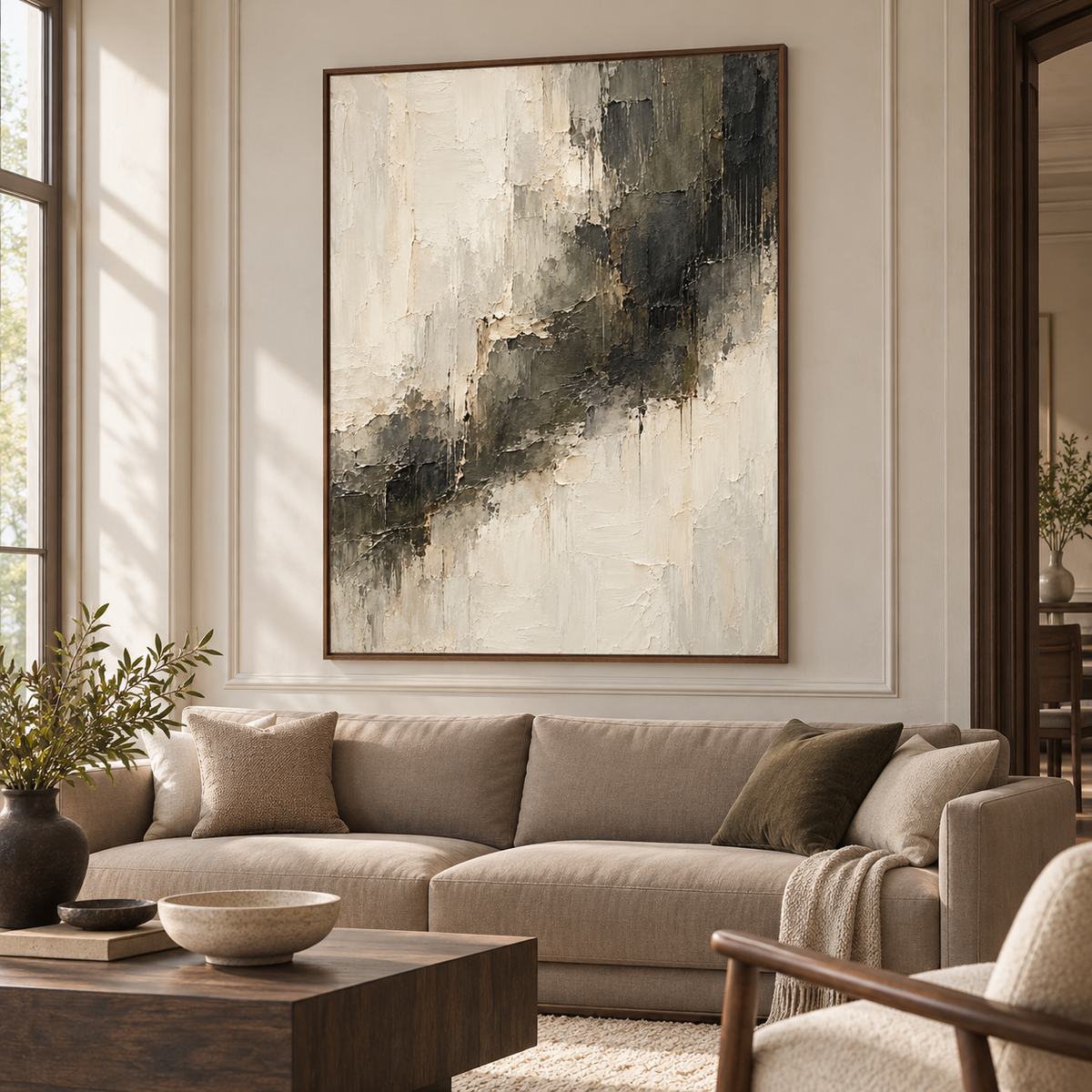 Large ivory and charcoal abstract painting above a taupe sofa in a bright living room with pale plaster walls, viewed from a low left angle.