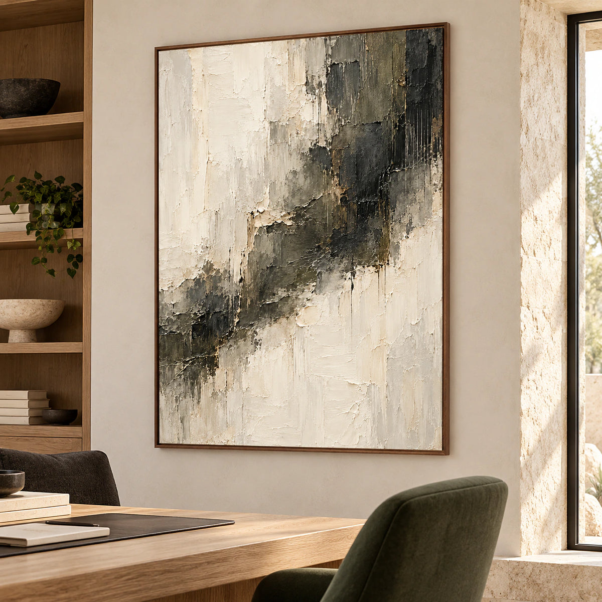 Ivory and charcoal abstract painting in a bright home office with a light oak desk, muted green chair and open shelving, viewed from the right at standing height.