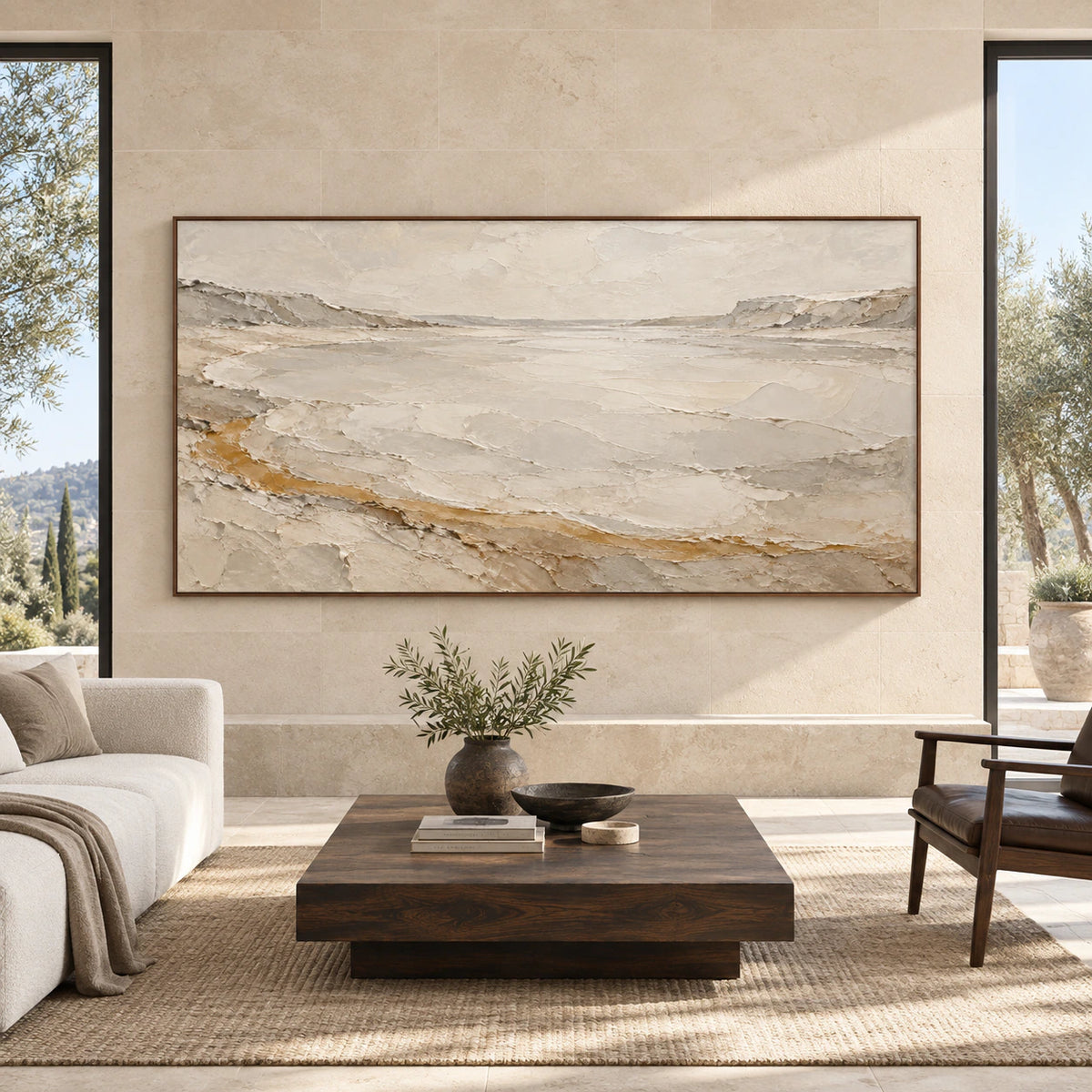 Large panoramic Chalk-Drift textured abstract artwork displayed straight-on in a spacious daylight interior.