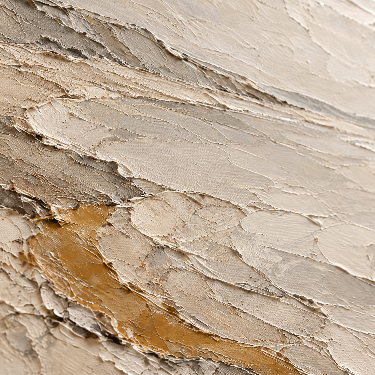 Chalk-Drift oil painting brushwork and impasto detail photographed from an oblique side angle